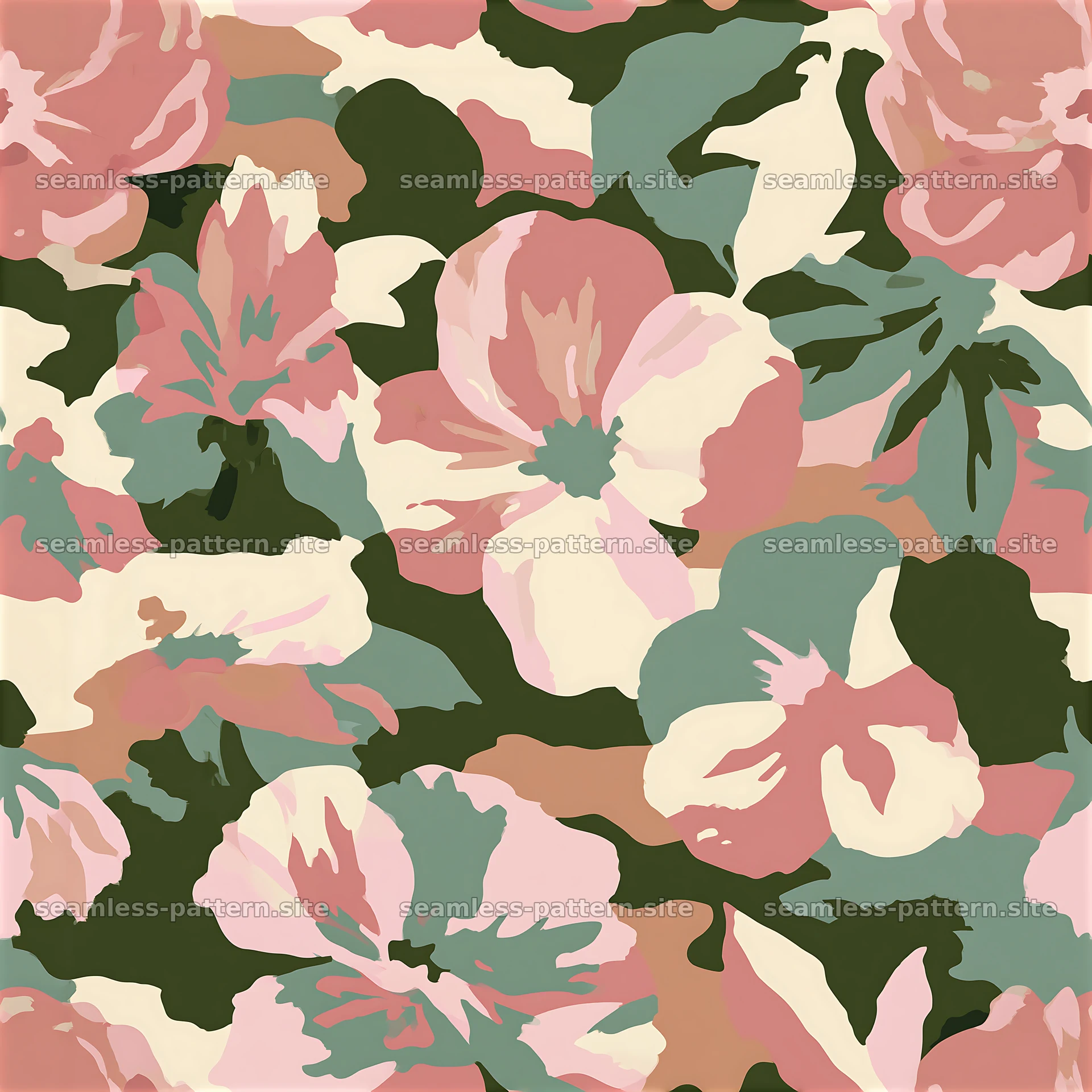 Seamless camouflage pattern with floral motifs in soft colors — seamless tileable pattern at 8192x8192
