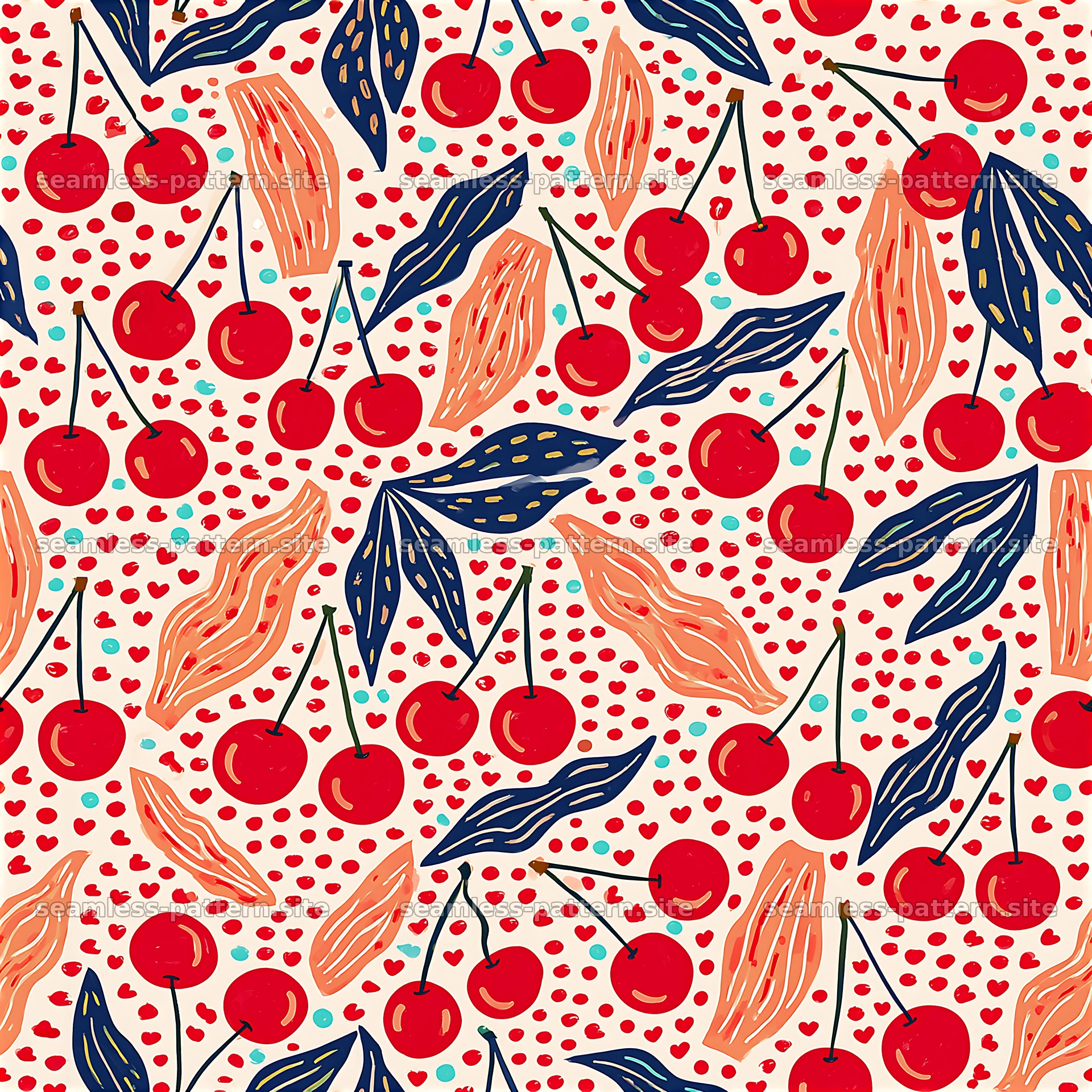 Colorful cherry and leaf seamless pattern for fabric or wallpaper — seamless tileable pattern at 8192x8192