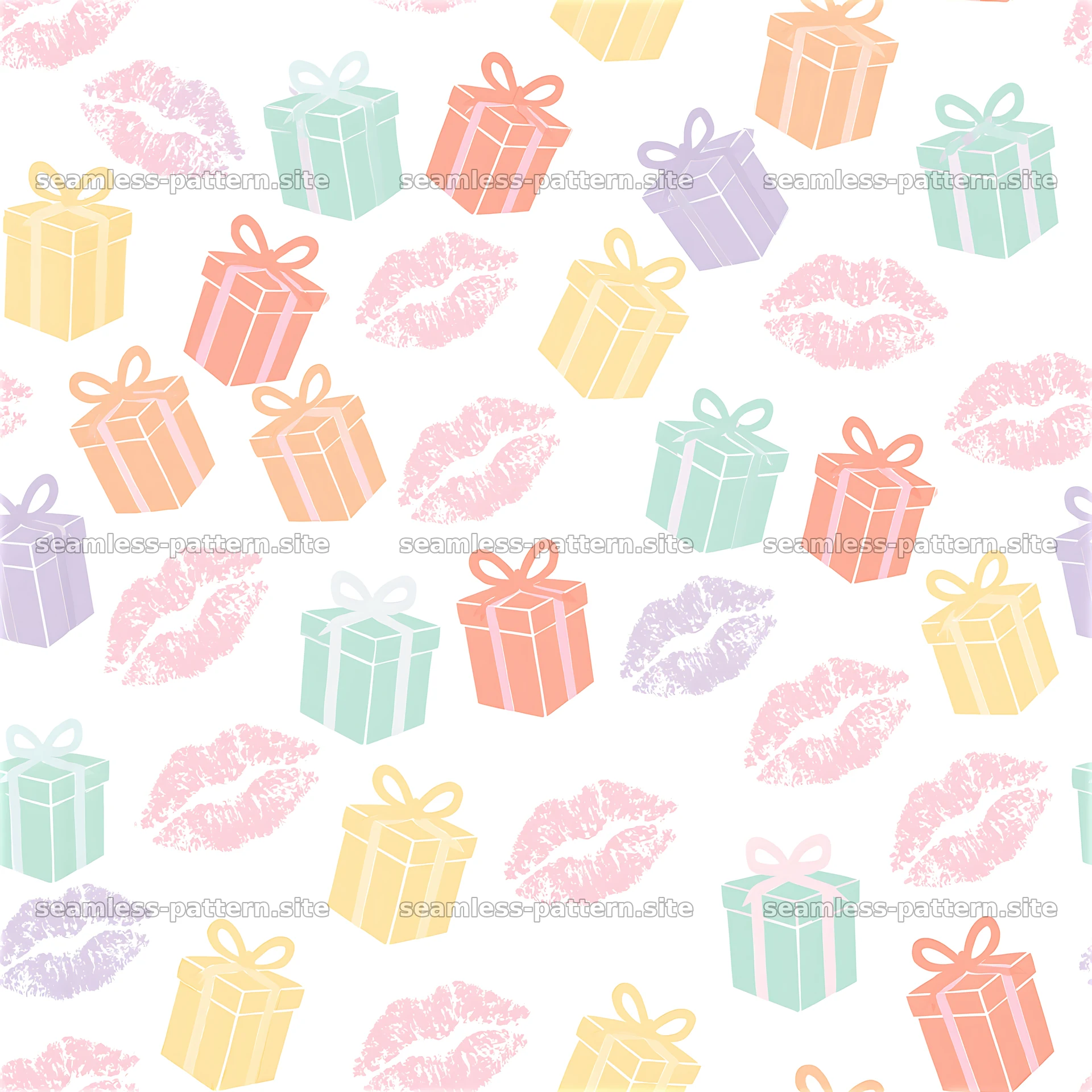 Seamless pattern of kiss prints with colorful gift boxes in playful layout — seamless tileable pattern at 8192x8192