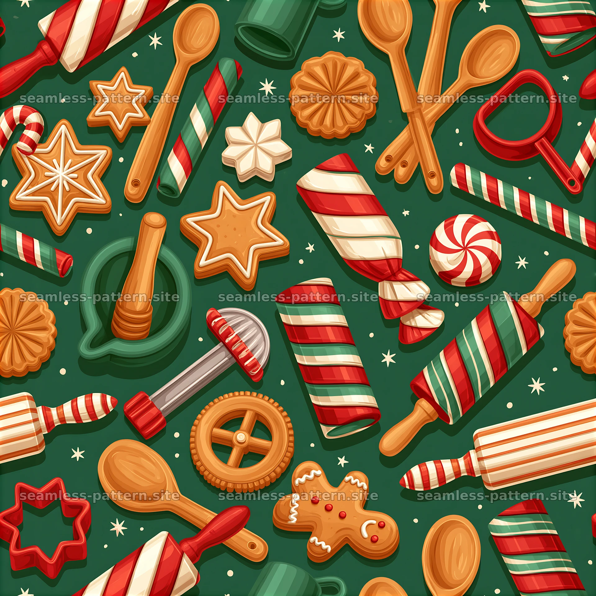 Colorful Christmas seamless pattern with holiday baking utensils — seamless tileable pattern at 8192x8192