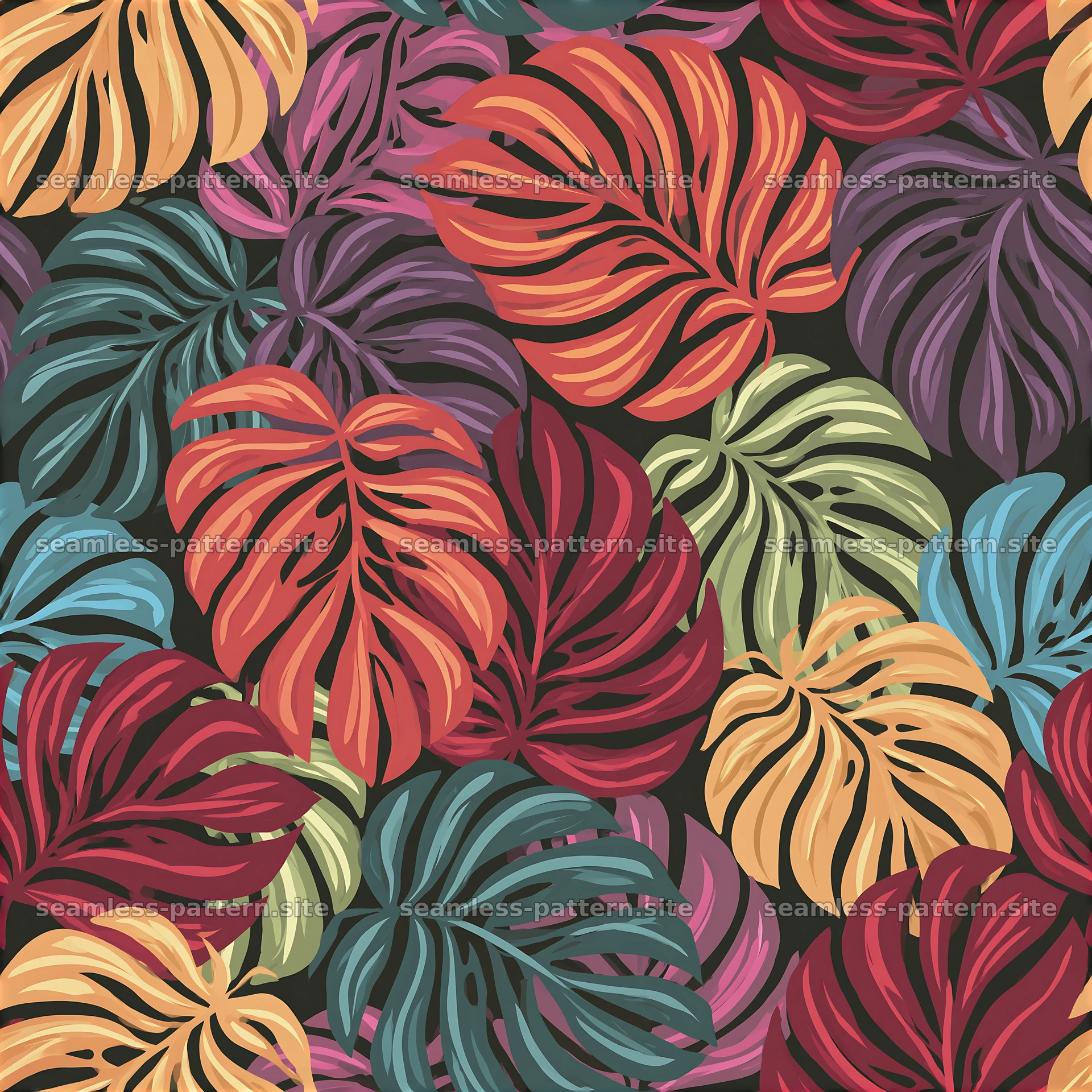 Colorful monstera leaf tropical seamless pattern — seamless tileable pattern at 8192x8192