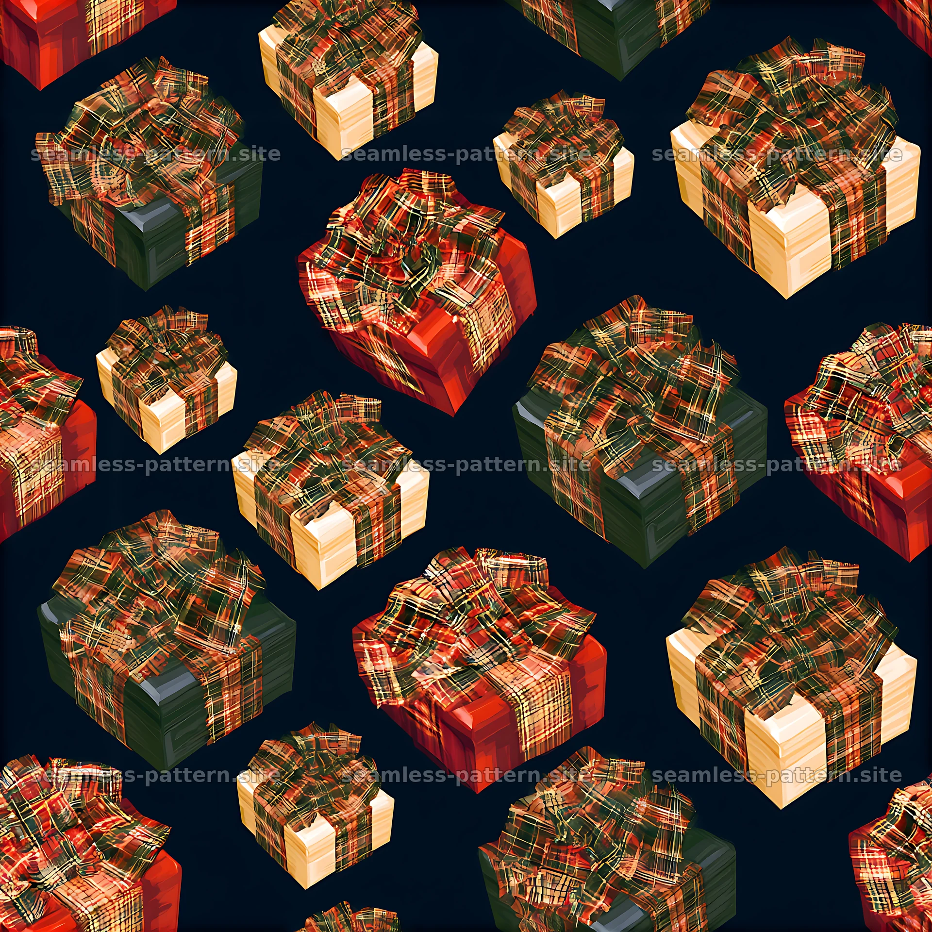 Repeating pattern of Christmas gifts with tartan ribbons on dark background — seamless tileable pattern at 8192x8192