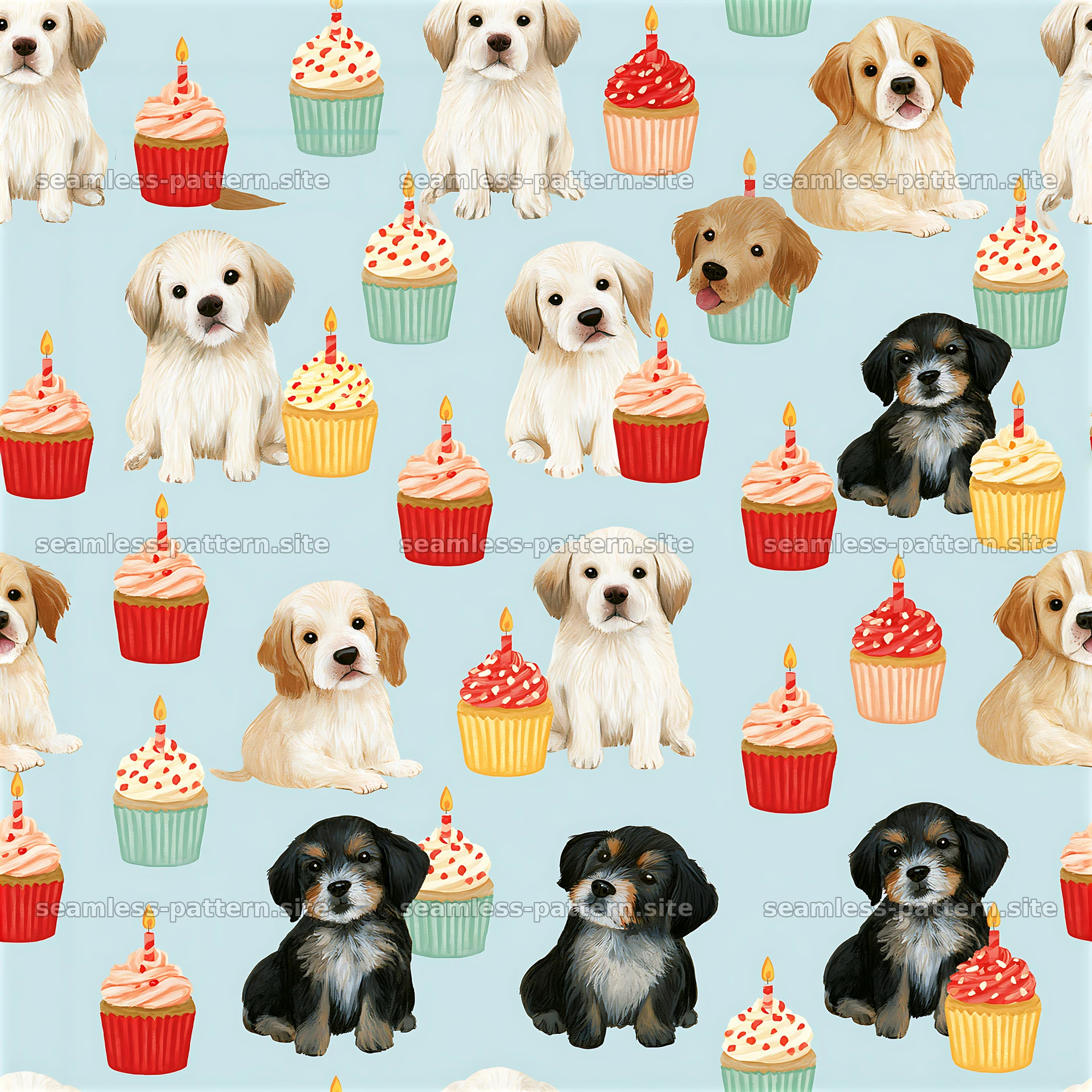 Birthday puppies seamless pattern with cupcakes and candles — seamless tileable pattern at 8192x8192