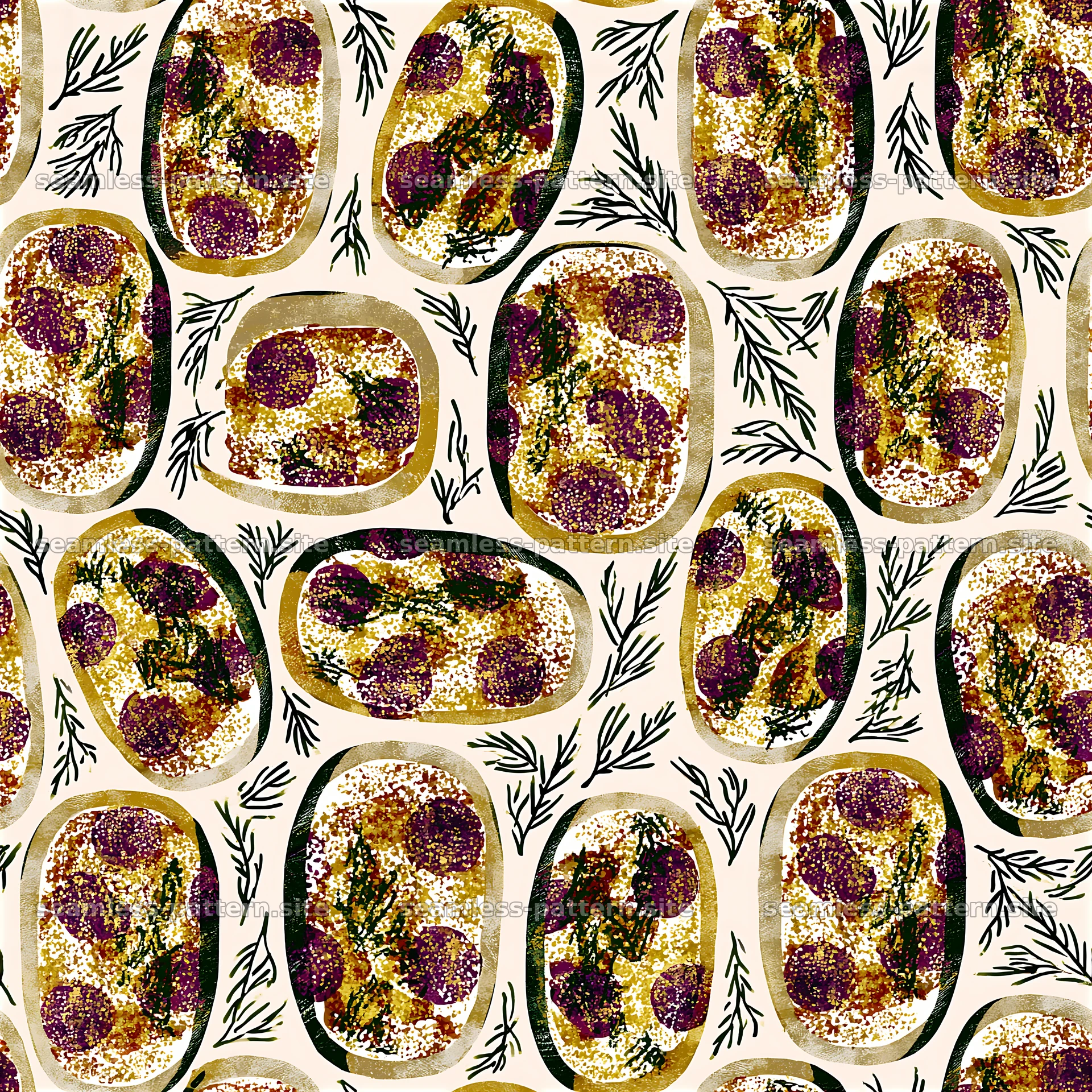 Seamless Cheesy Pizza Pattern with Herbs and Pepperoni — seamless tileable pattern at 8192x8192
