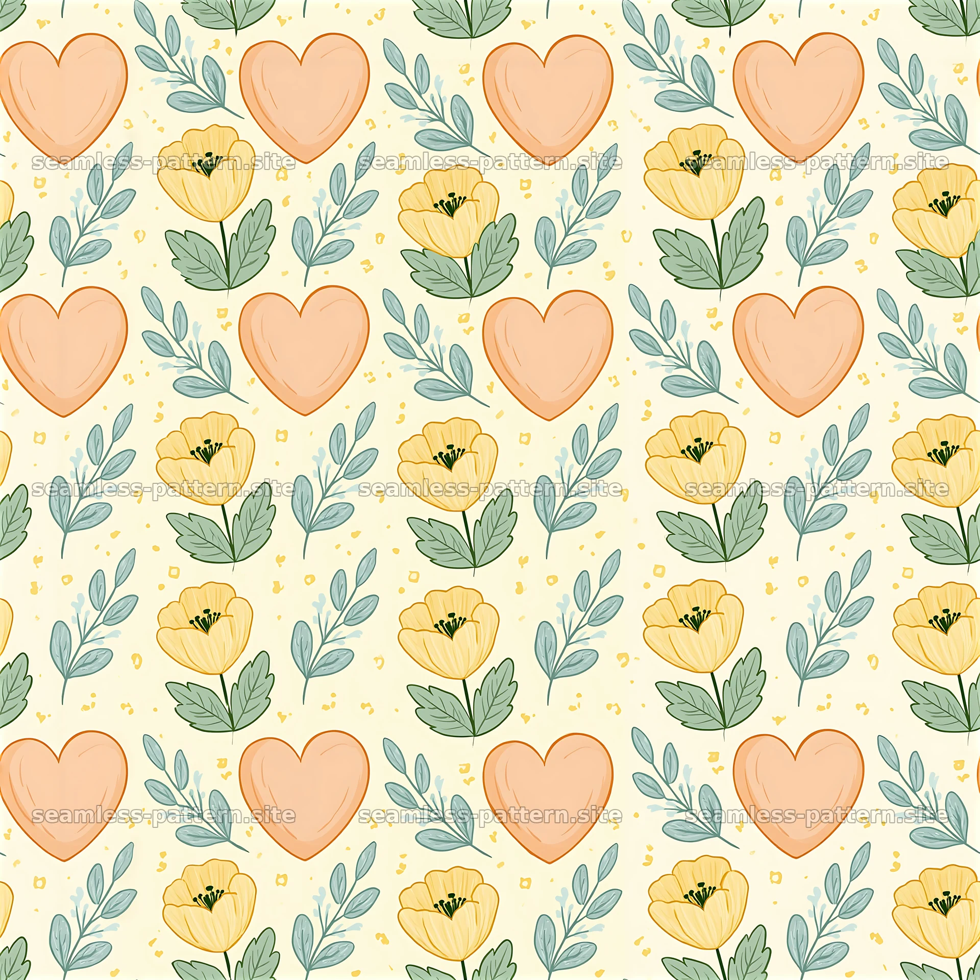 Seamless pattern of hearts and flowers in soft colors — seamless tileable pattern at 8192x8192
