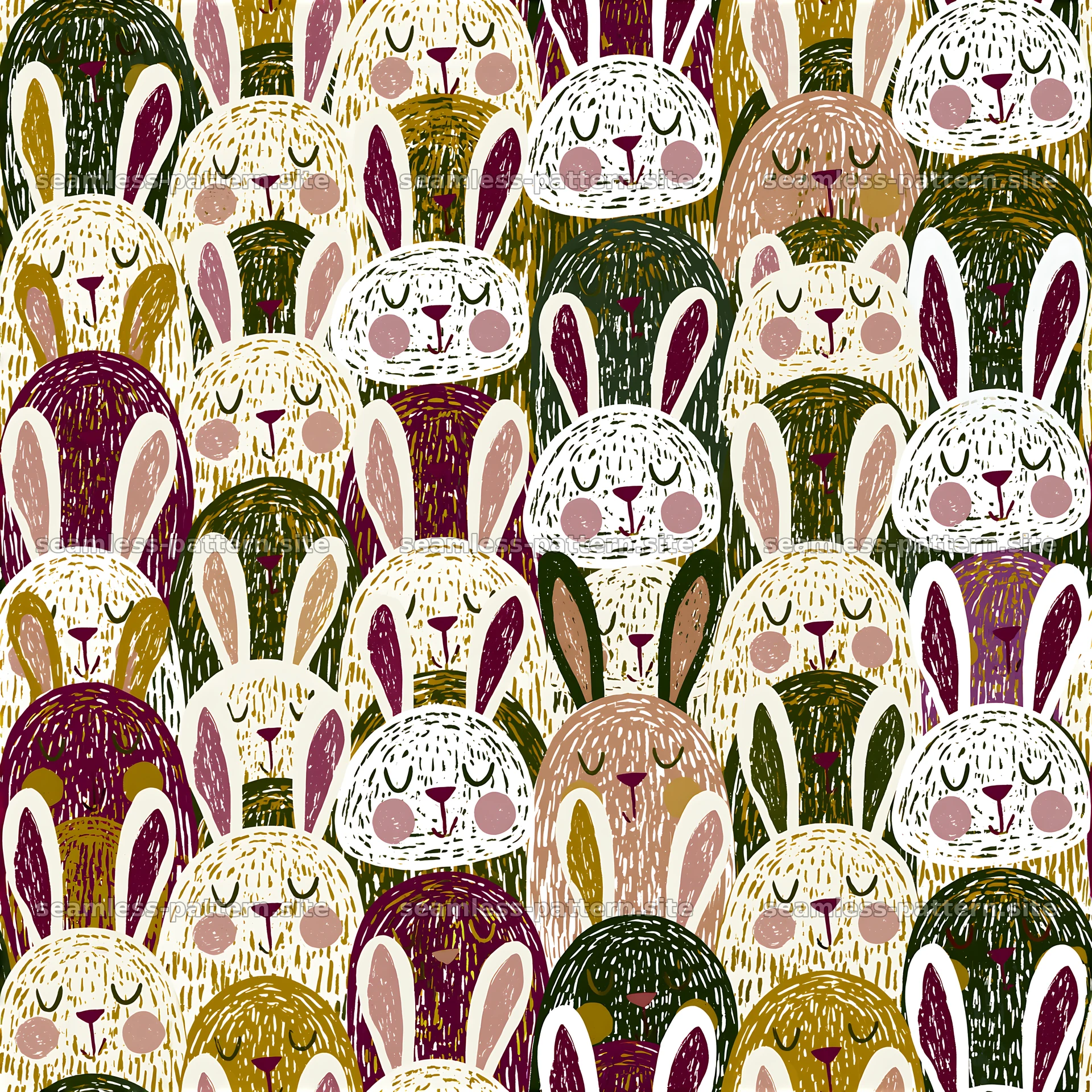 Cute Bunny Faces Seamless Pattern in Earthy Colors — seamless tileable pattern at 8192x8192
