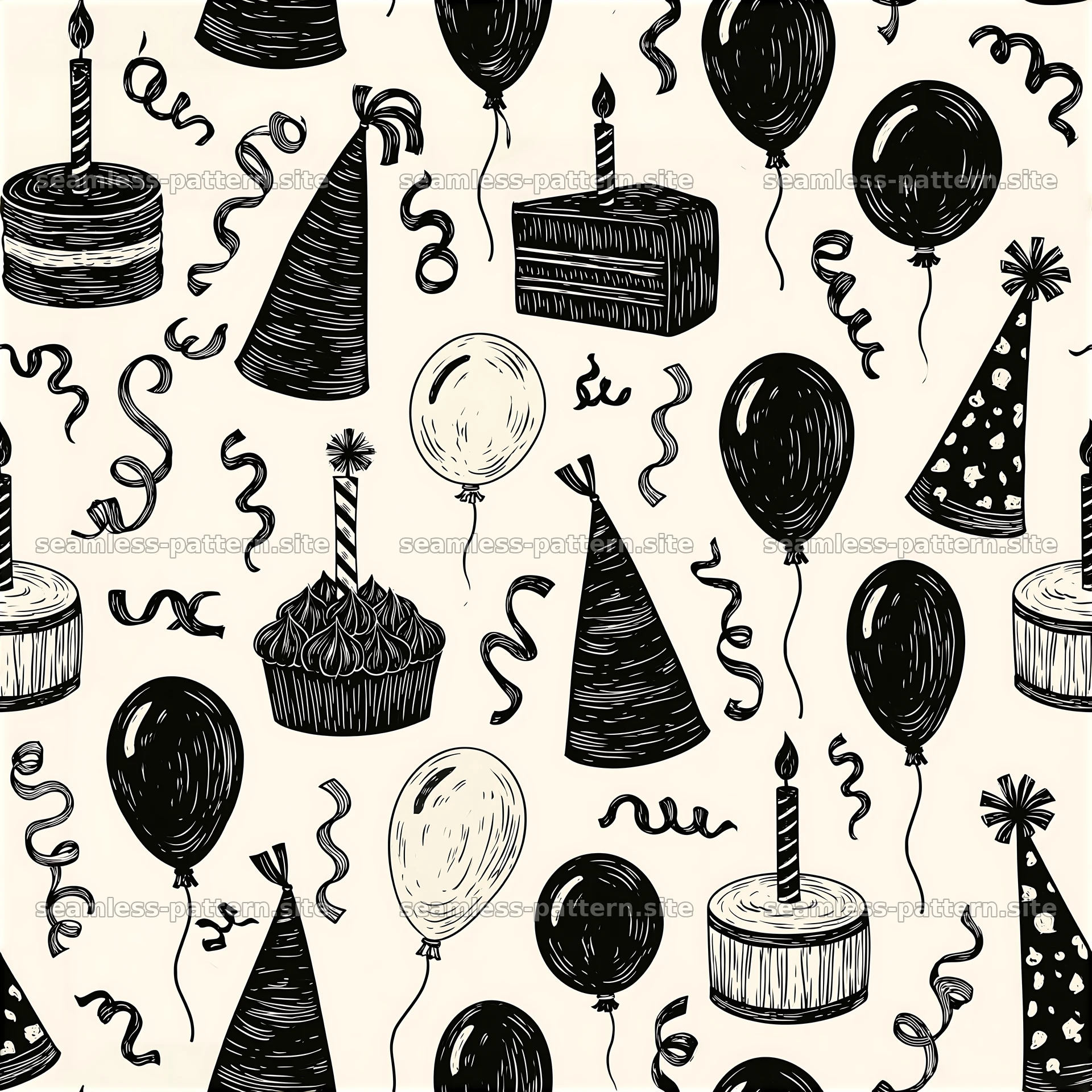 Birthday Black and White Party Seamless Pattern — seamless tileable pattern at 8192x8192