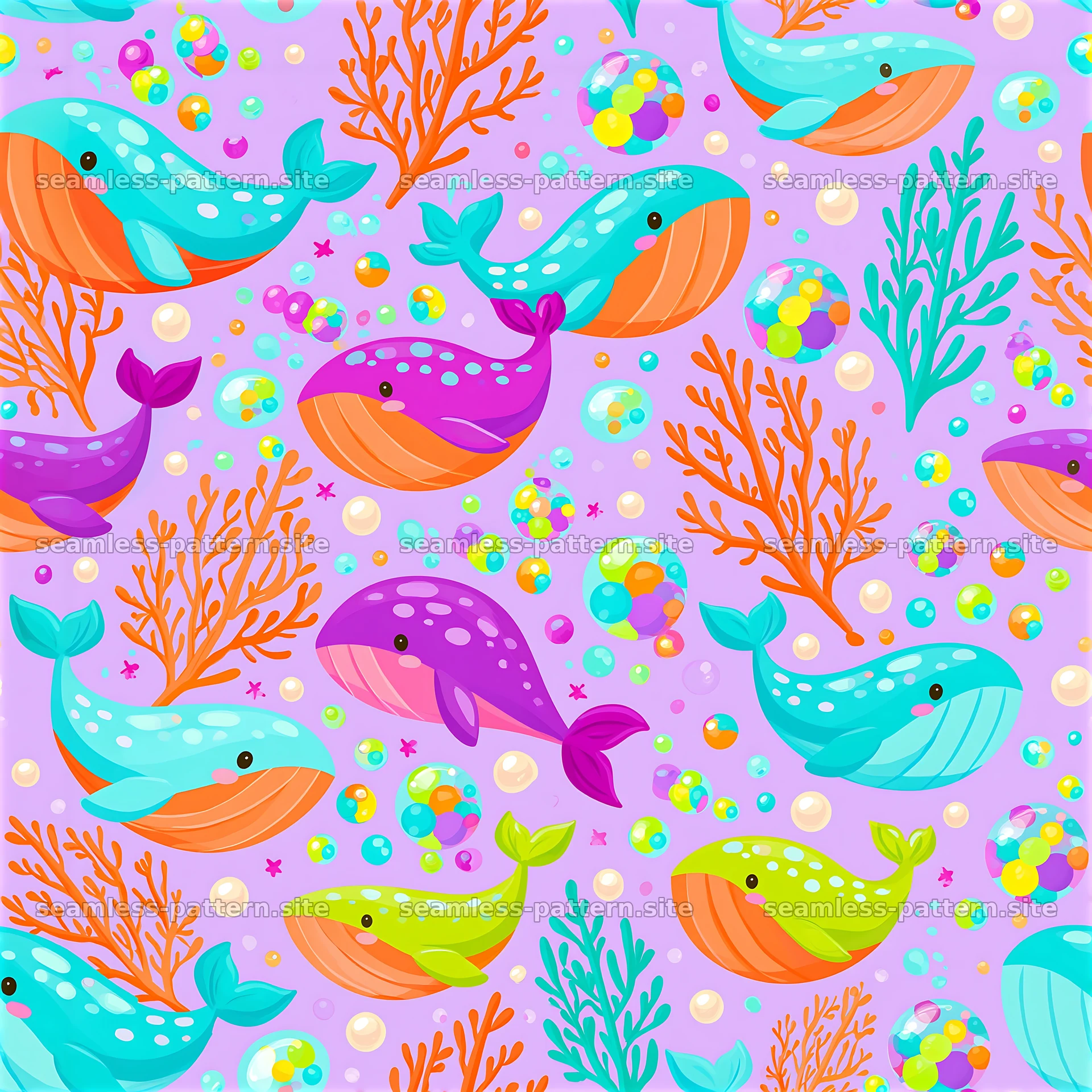 Colorful whale seamless pattern for fun and playful designs — seamless tileable pattern at 8192x8192