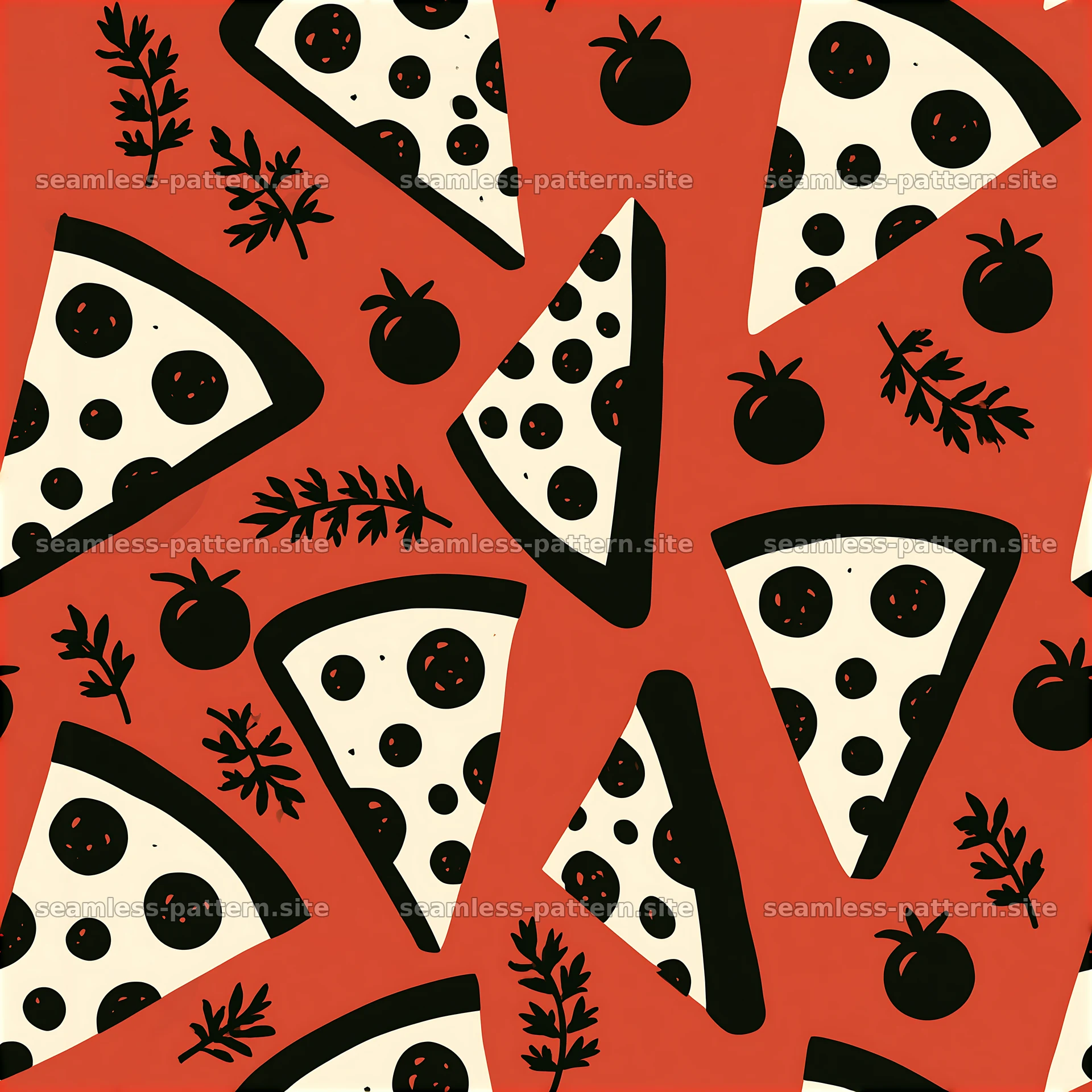Seamless hot pizza pattern with slices and toppings on a bright red — seamless tileable pattern at 8192x8192
