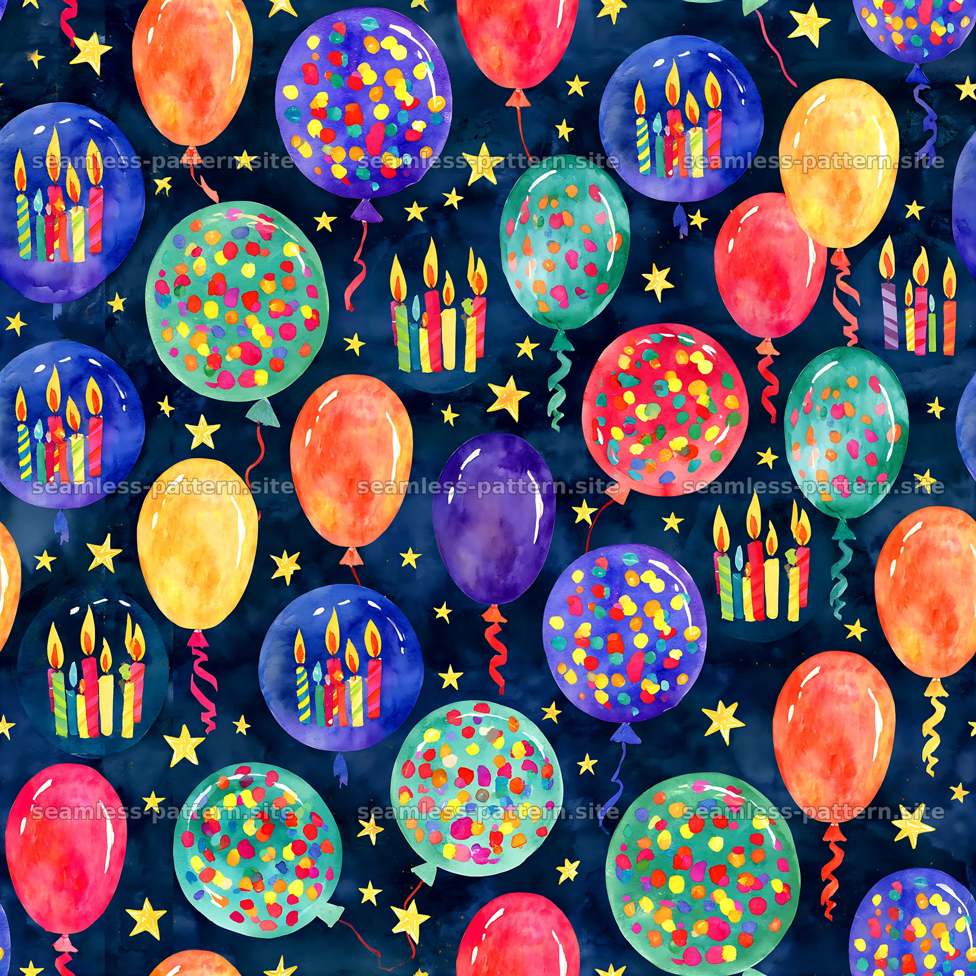 Watercolor Birthday Balloons and Candles Seamless Pattern — seamless tileable pattern at 8192x8192