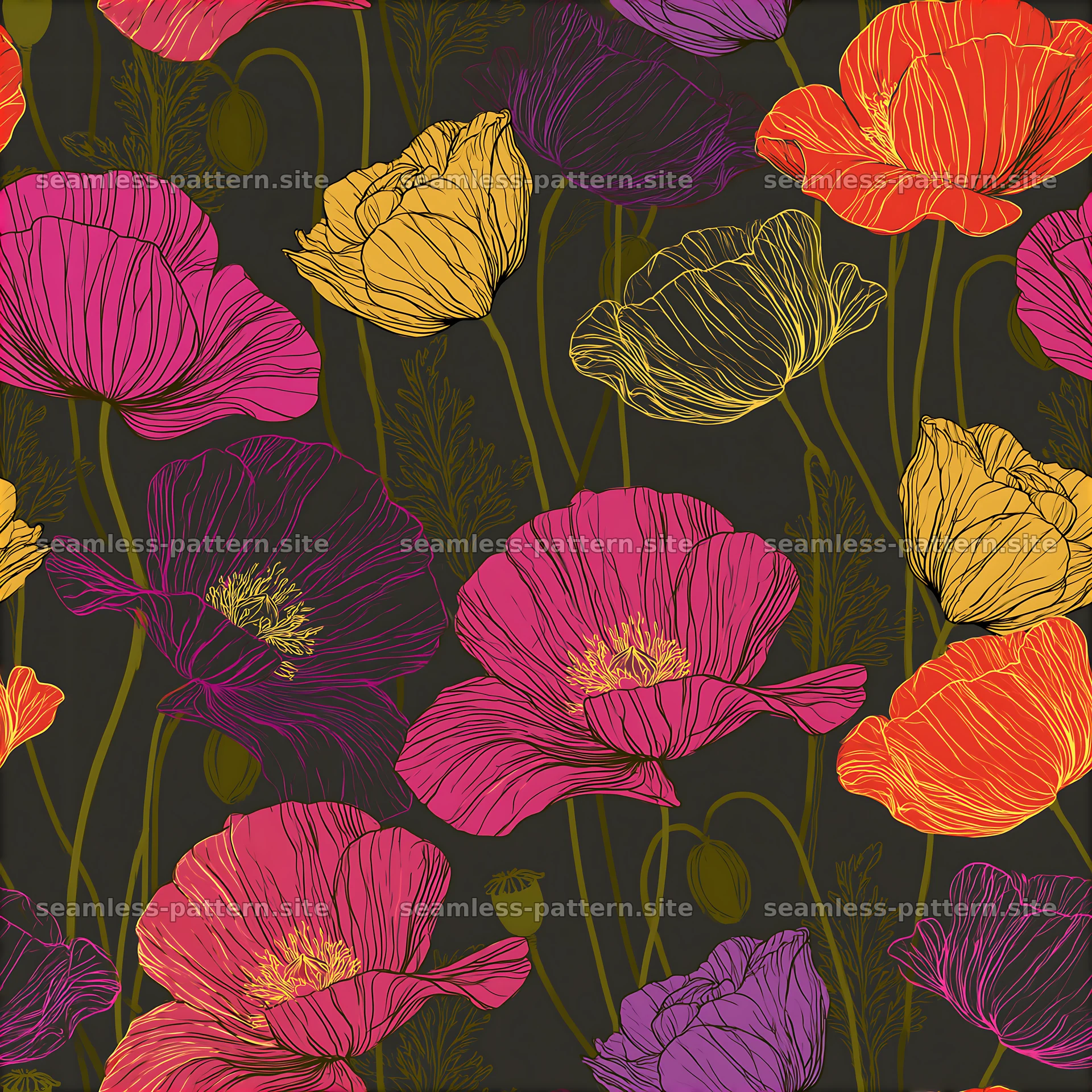 Colorful poppy seamless pattern with floral design on dark background — seamless tileable pattern at 8192x8192