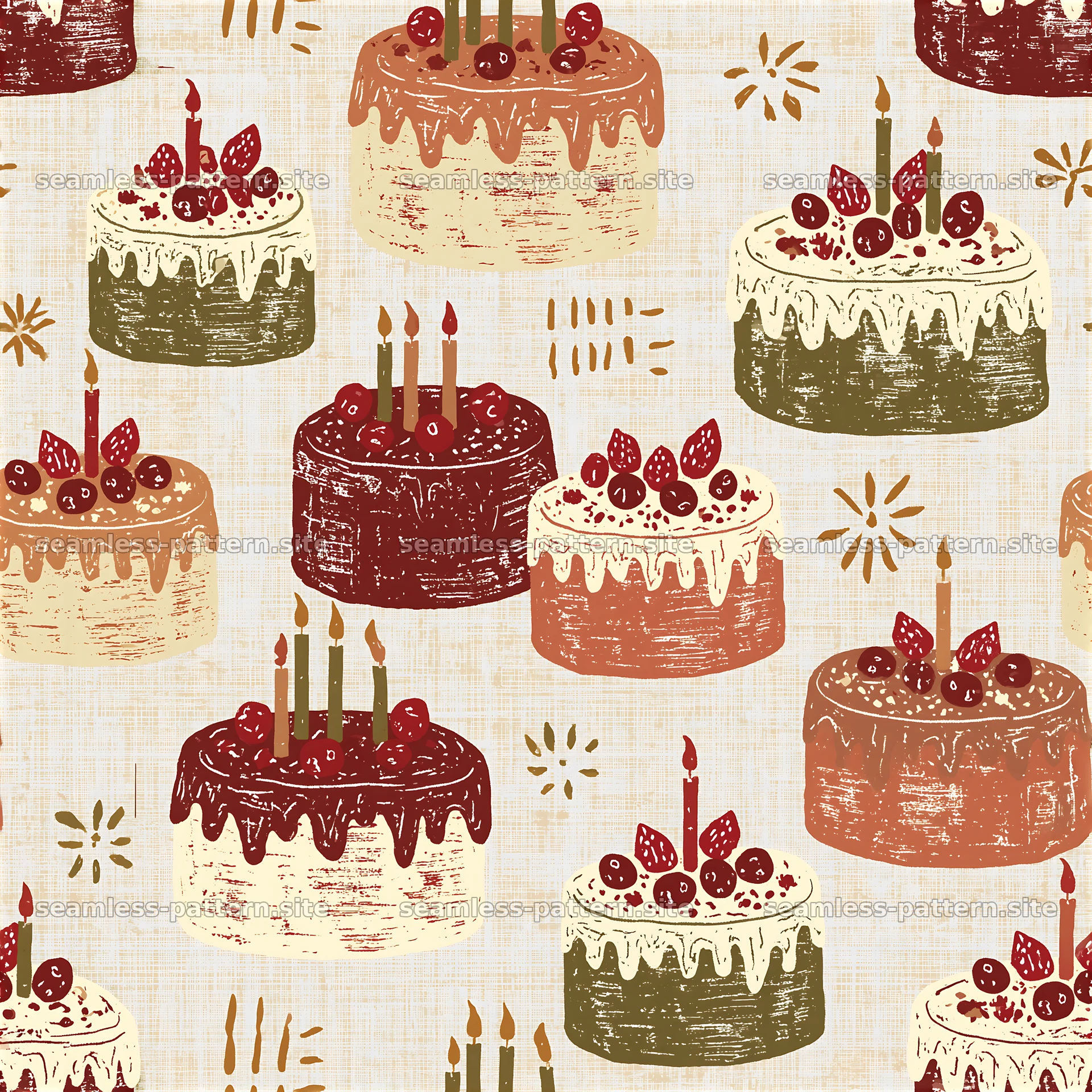 Birthday Cake Repeat Pattern with Candles and Berries — seamless tileable pattern at 8192x8192