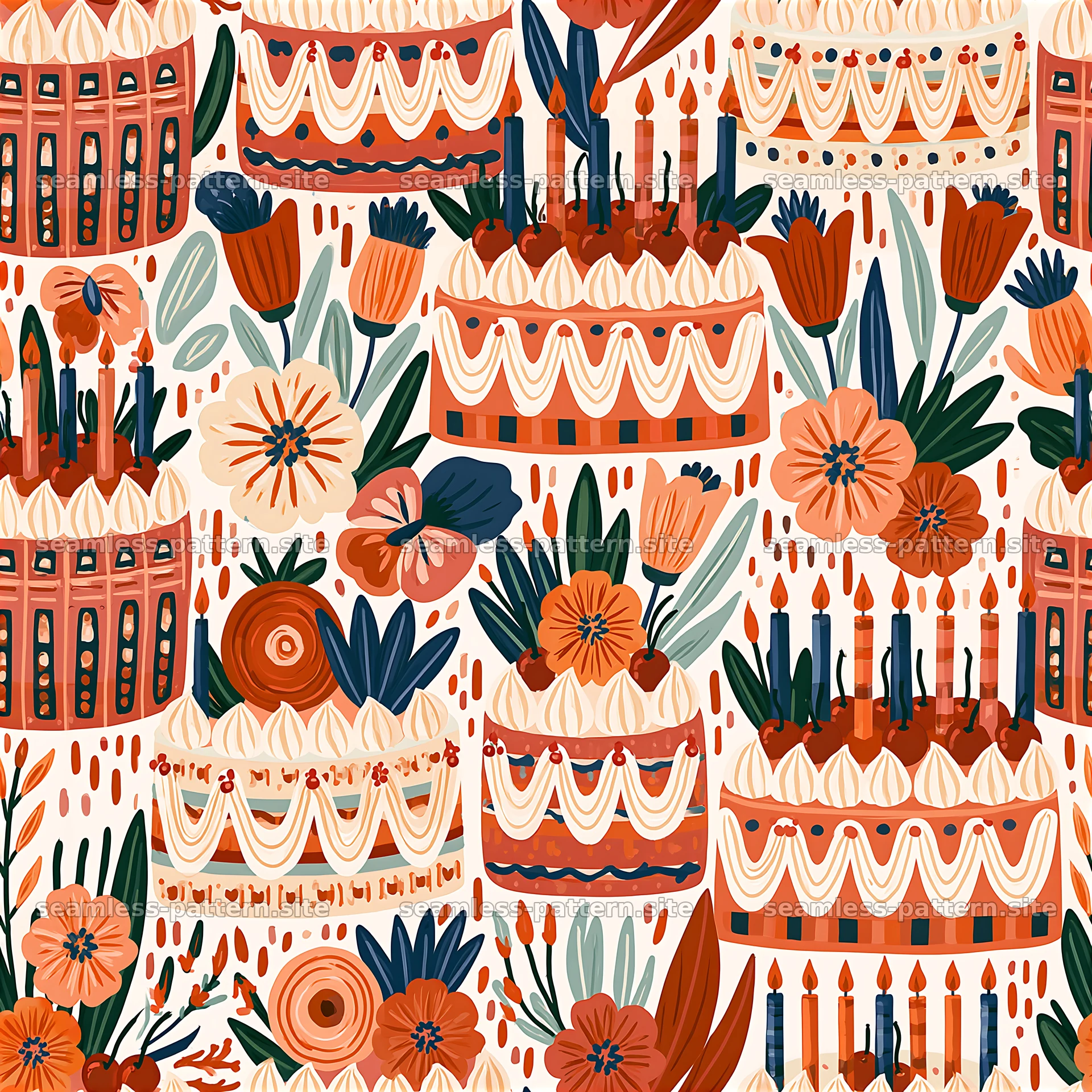 Birthday cake and floral celebration seamless pattern — seamless tileable pattern at 8192x8192