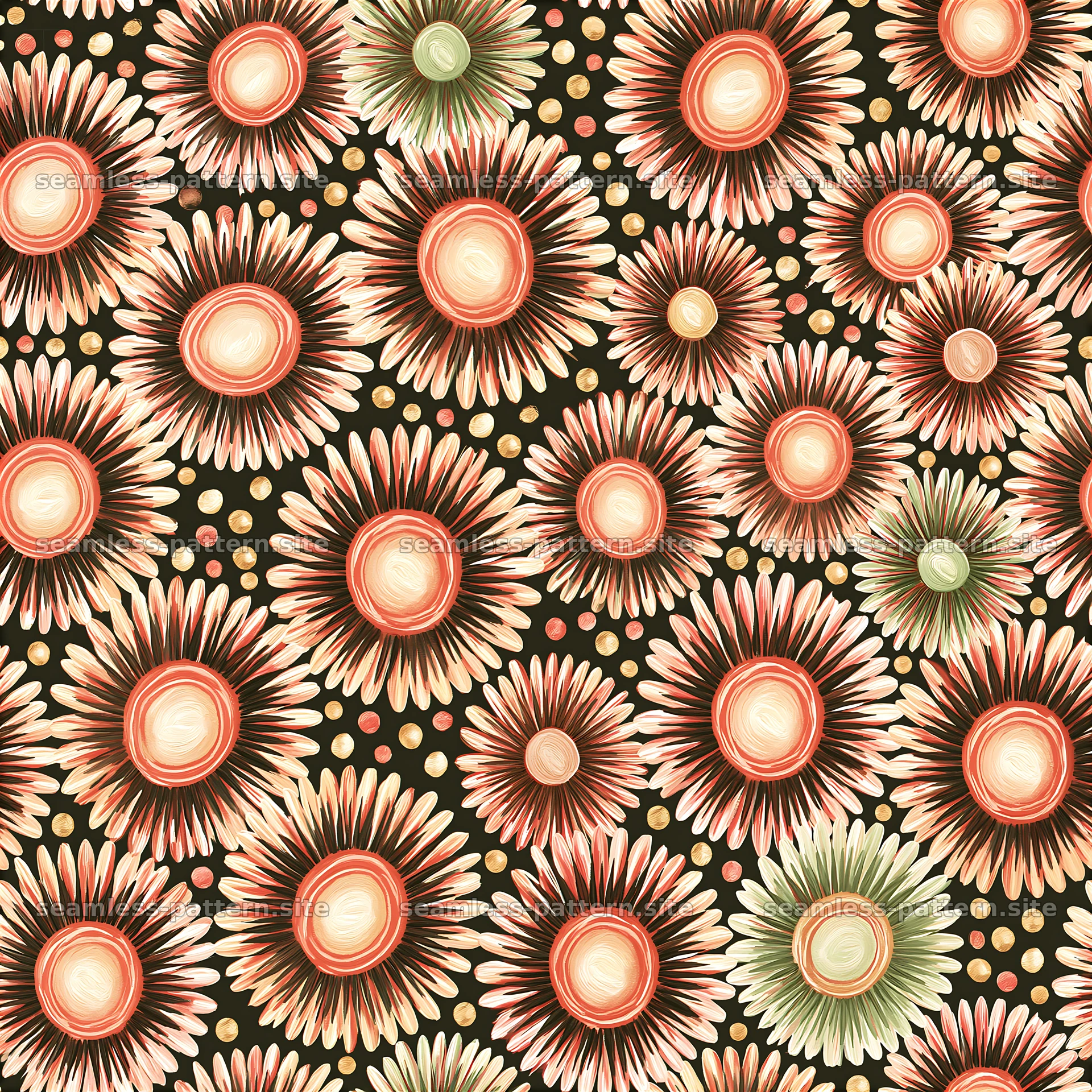 Sunflower-inspired radial flower pattern on black — seamless tileable pattern at 8192x8192