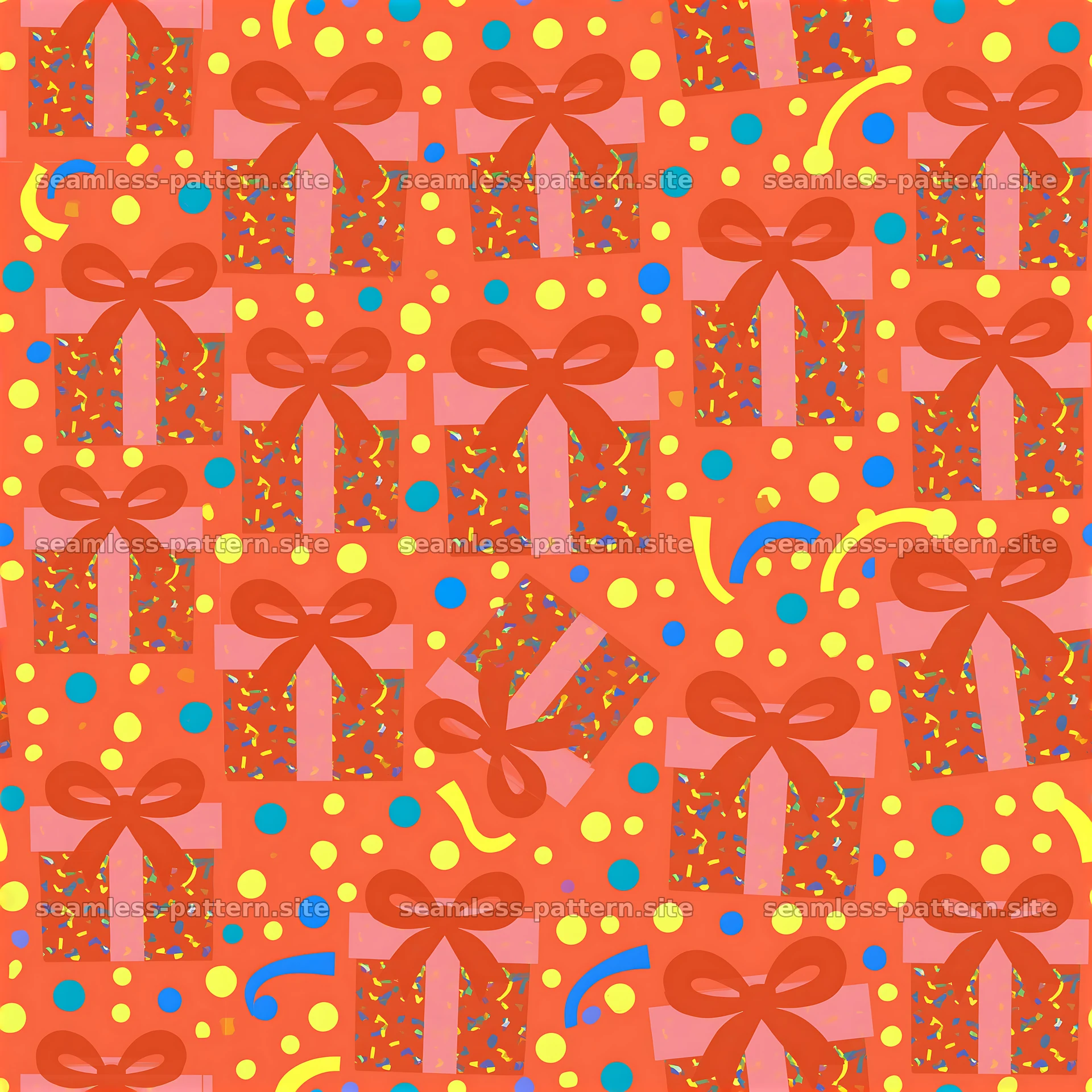 Bright birthday parcels on an orange background in a seamless pattern — seamless tileable pattern at 8192x8192