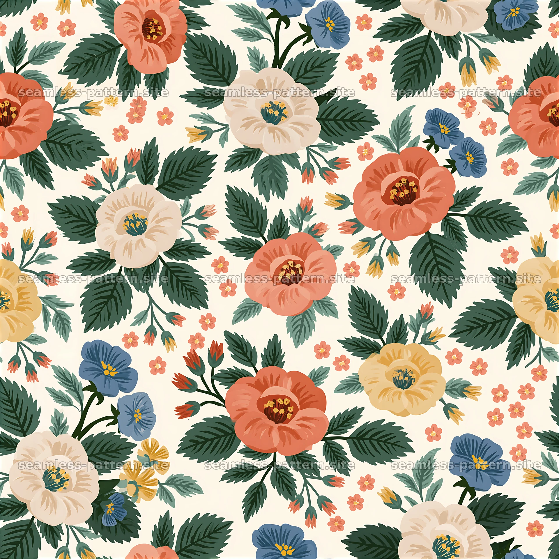 Folk floral repeat pattern with colorful flowers and green leaves — seamless tileable pattern at 8192x8192
