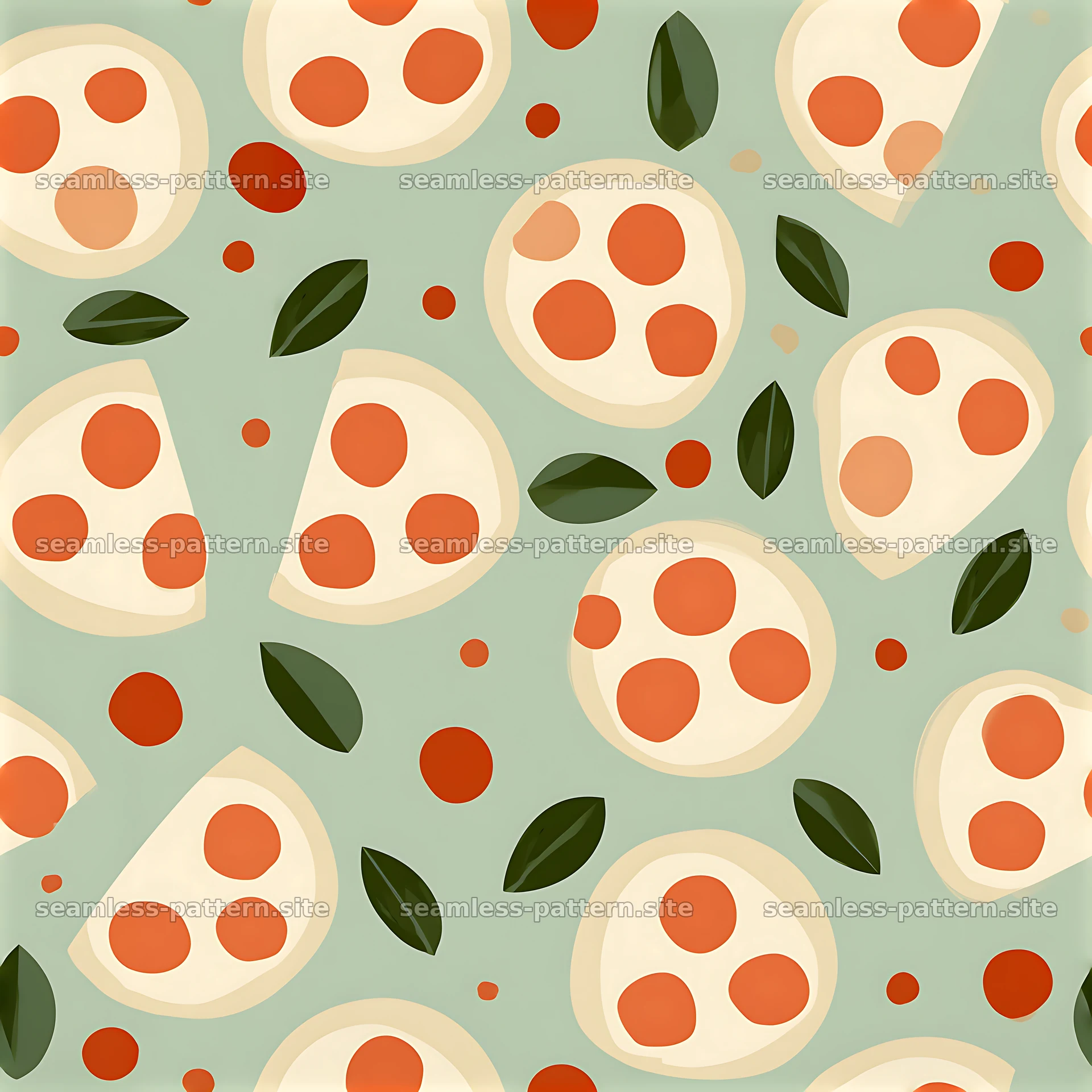 Seamless fabric pizza pattern with slices on a light green background — seamless tileable pattern at 8192x8192