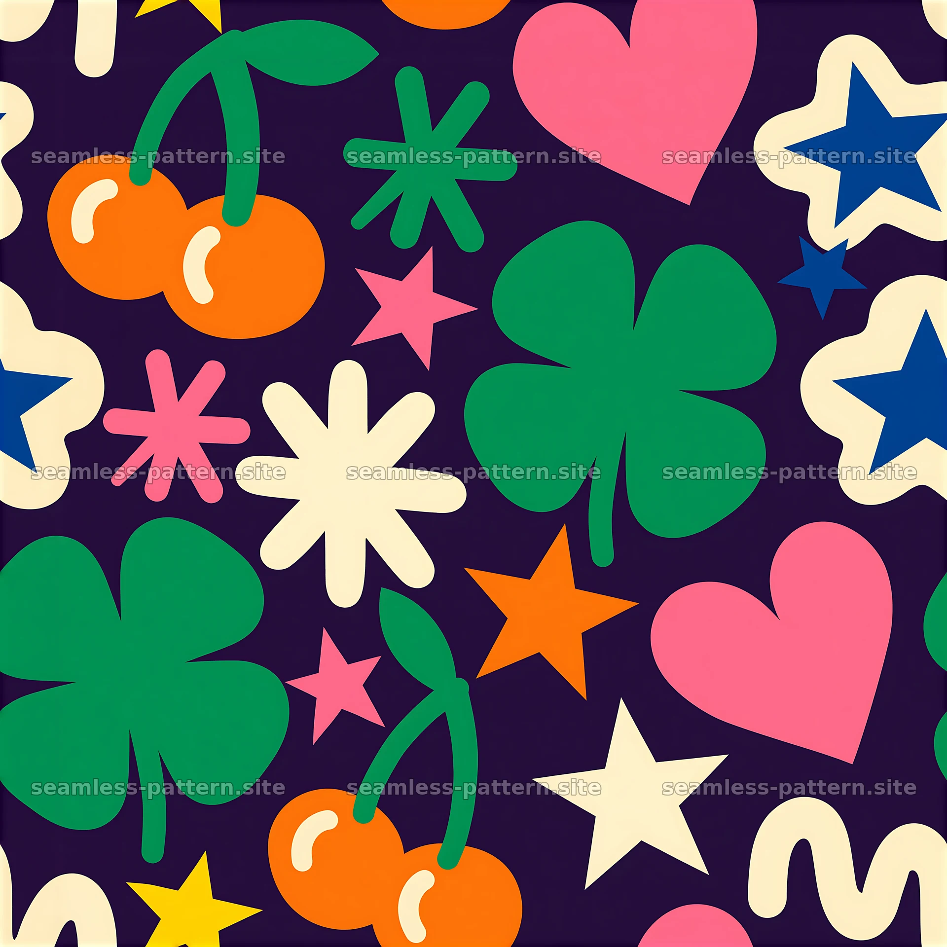 Colorful seamless pattern with shapes of fruits and stars — seamless tileable pattern at 8192x8192
