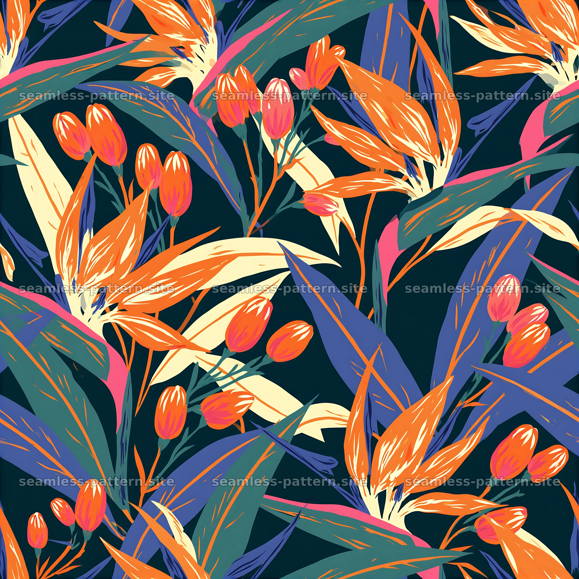 Vibrant botanical seamless pattern with bold colors and shapes — seamless tileable pattern at 8192x8192