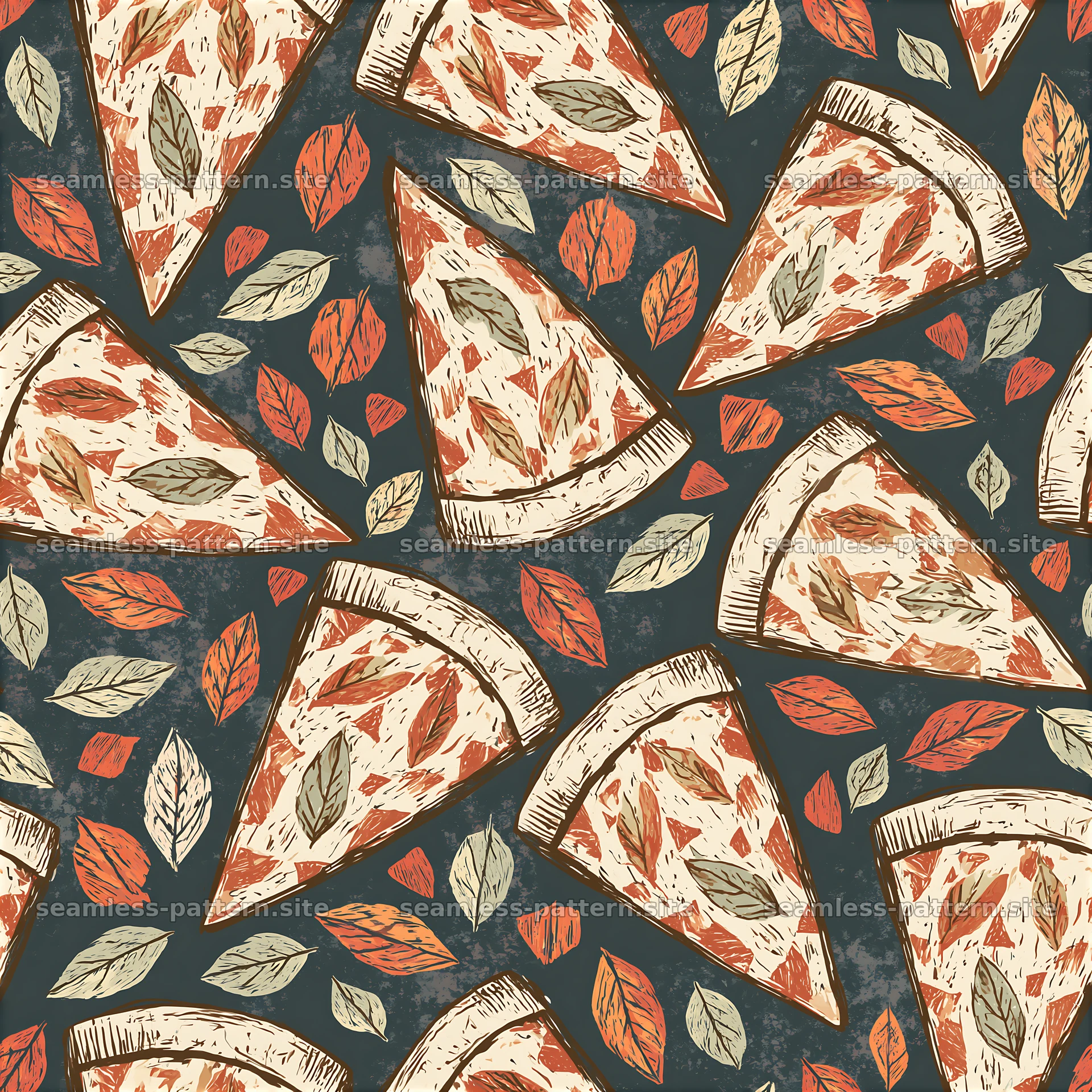 Seamless Sketch Pizza Pattern with Autumn Leaves — seamless tileable pattern at 8192x8192
