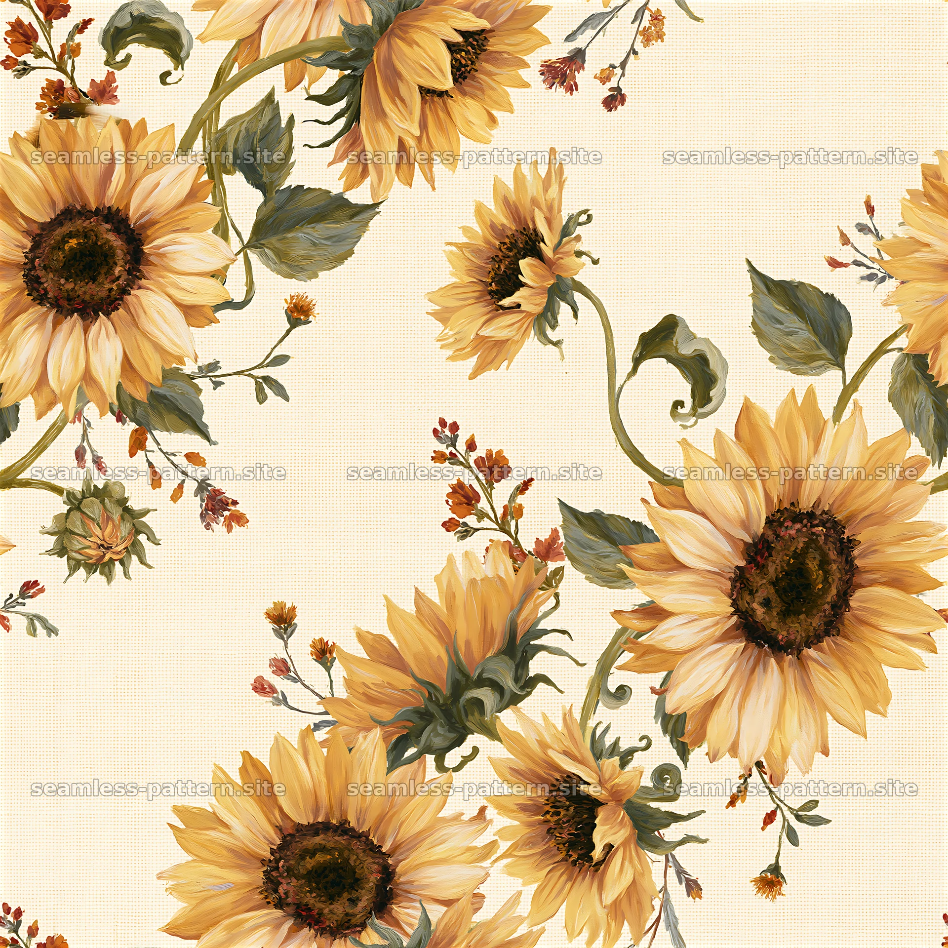 Sunflower repeat pattern seamlessly fills the background with flowers — seamless tileable pattern at 8192x8192