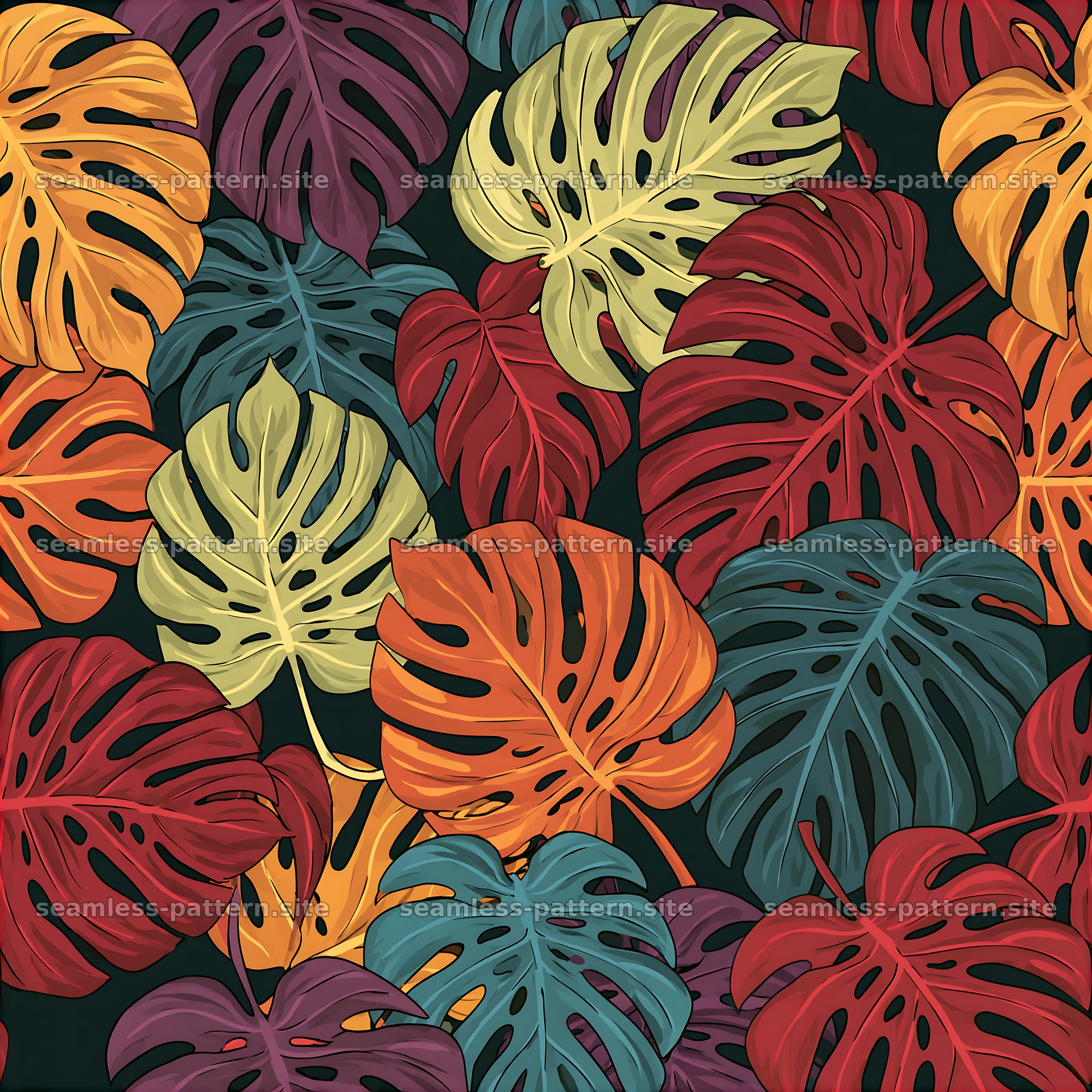Colorful monstera leaves seamless pattern design for modern decor — seamless tileable pattern at 8192x8192