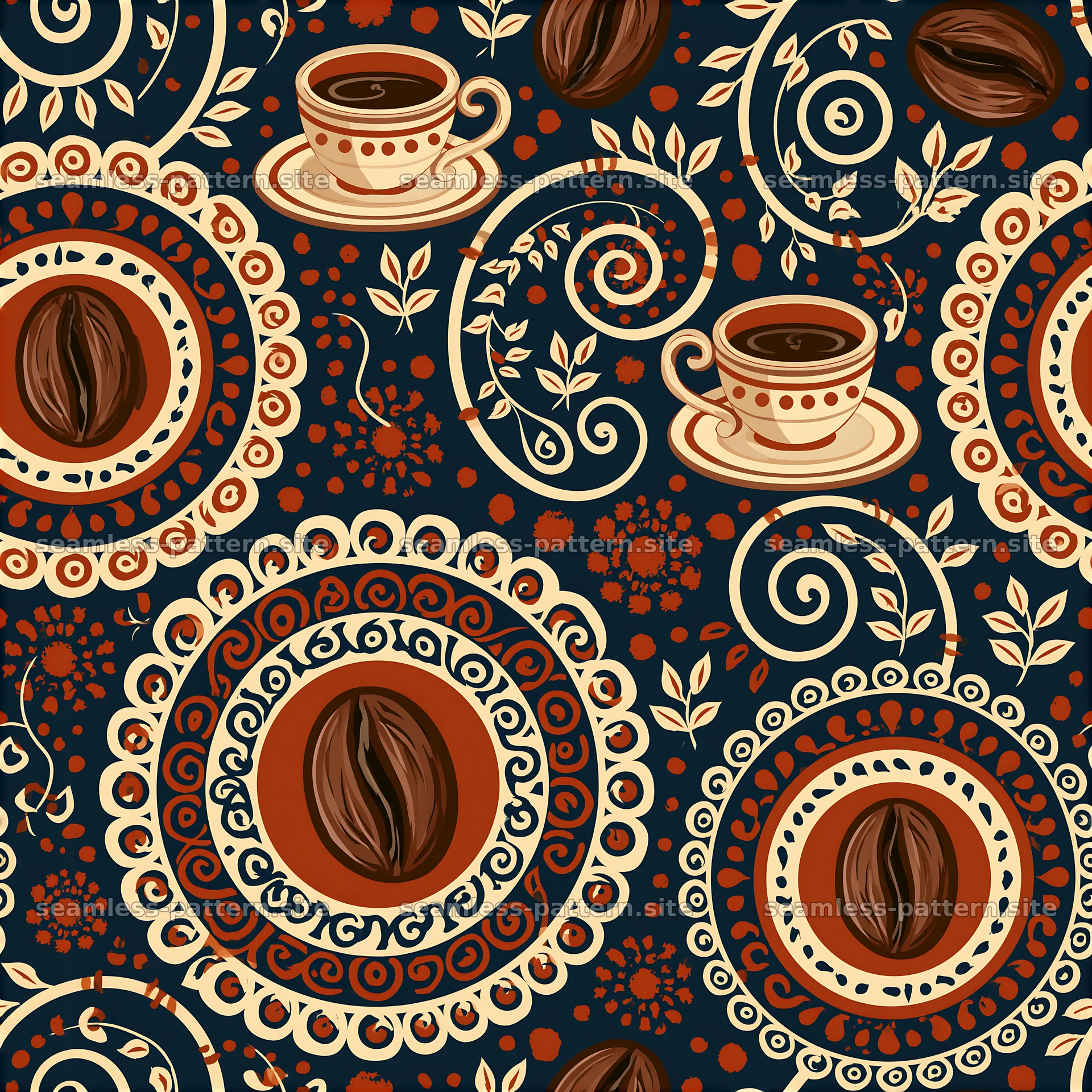 Boho Coffee Cup and Coffee Bean Seamless Pattern — seamless tileable pattern at 8192x8192