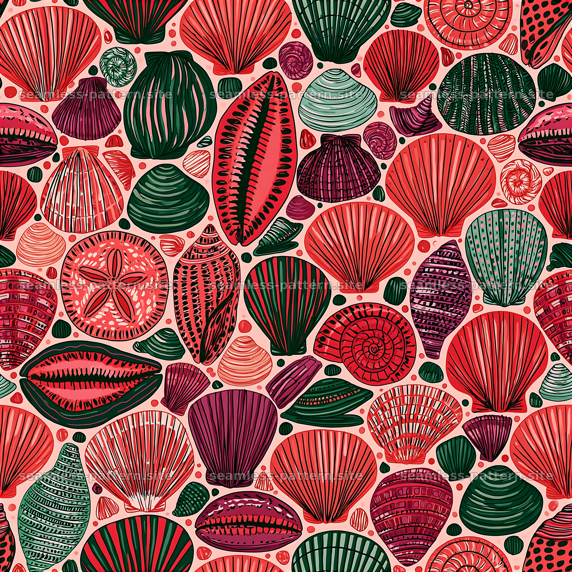 Colorful seashells in a repeating pattern on a light background — seamless tileable pattern at 8192x8192