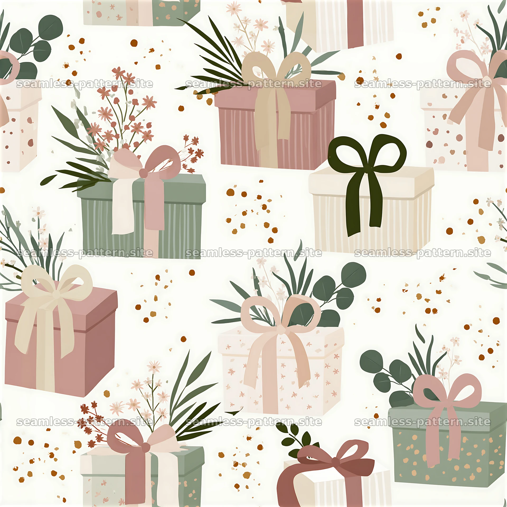 Colorful seamless pattern of gift boxes with bows and greenery — seamless tileable pattern at 8192x8192