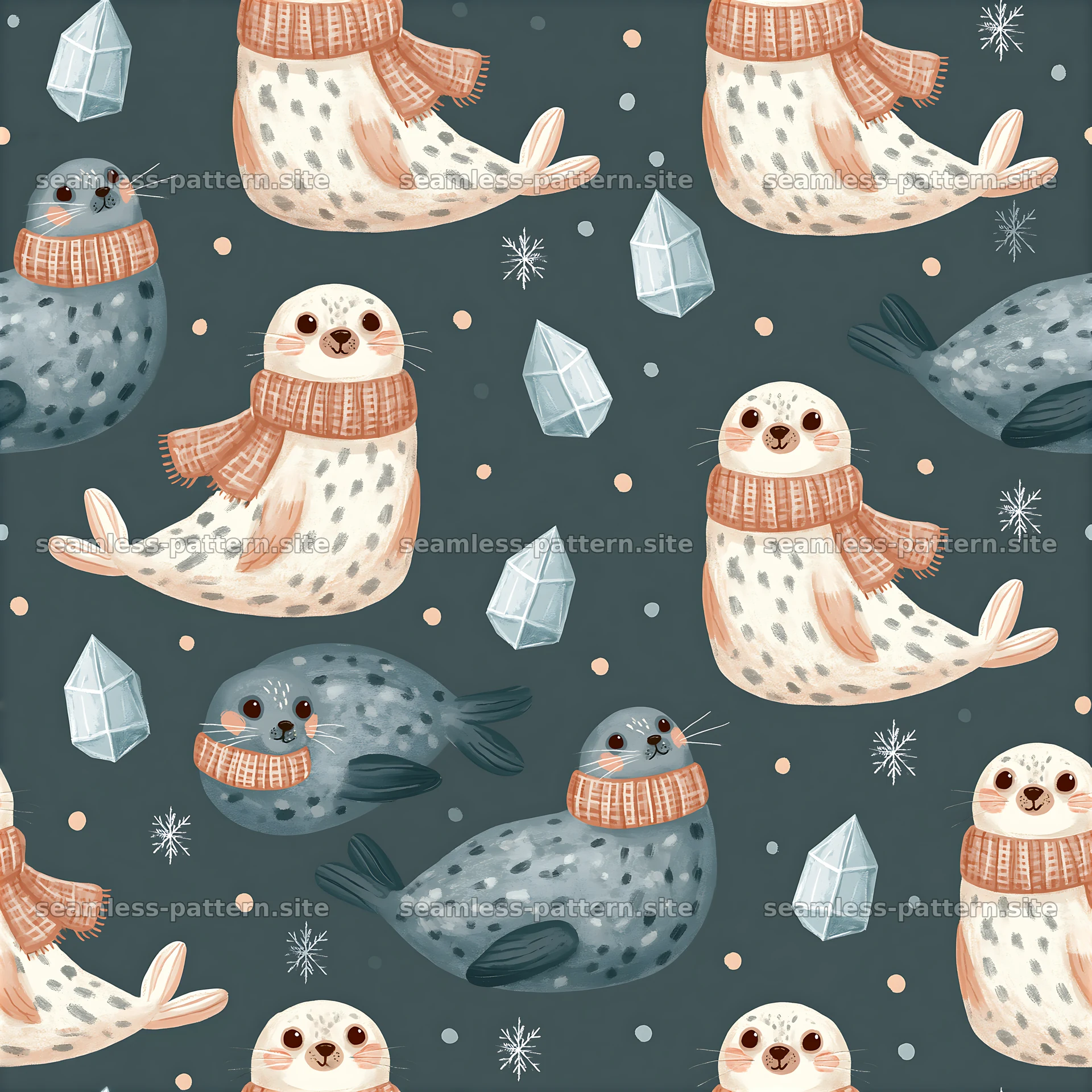 Cute winter seal seamless pattern with scarves and ice — seamless tileable pattern at 8192x8192