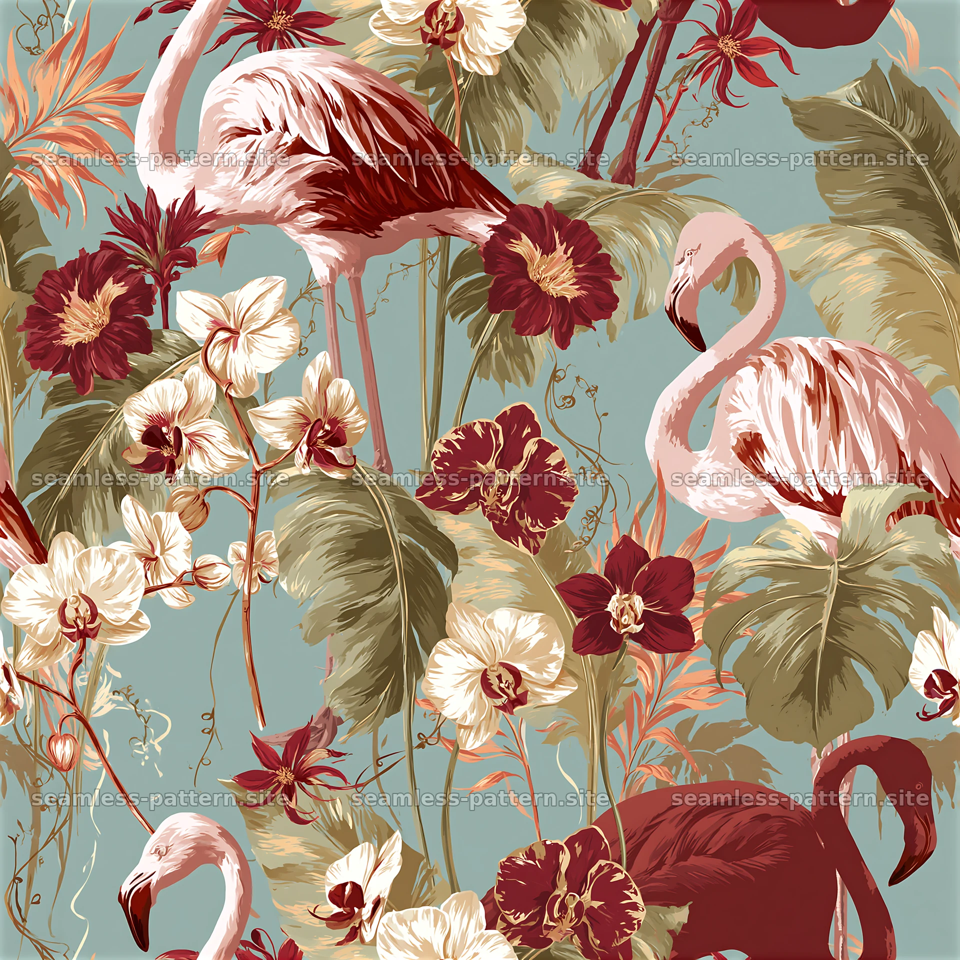 Colorful flamingo and tropical flower seamless pattern — seamless tileable pattern at 8192x8192