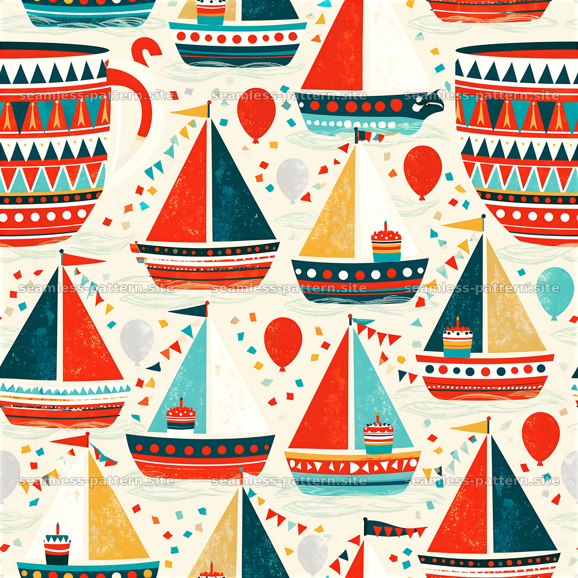 Colorful sailboats and balloons in a seamless pattern for celebrations — seamless tileable pattern at 8192x8192