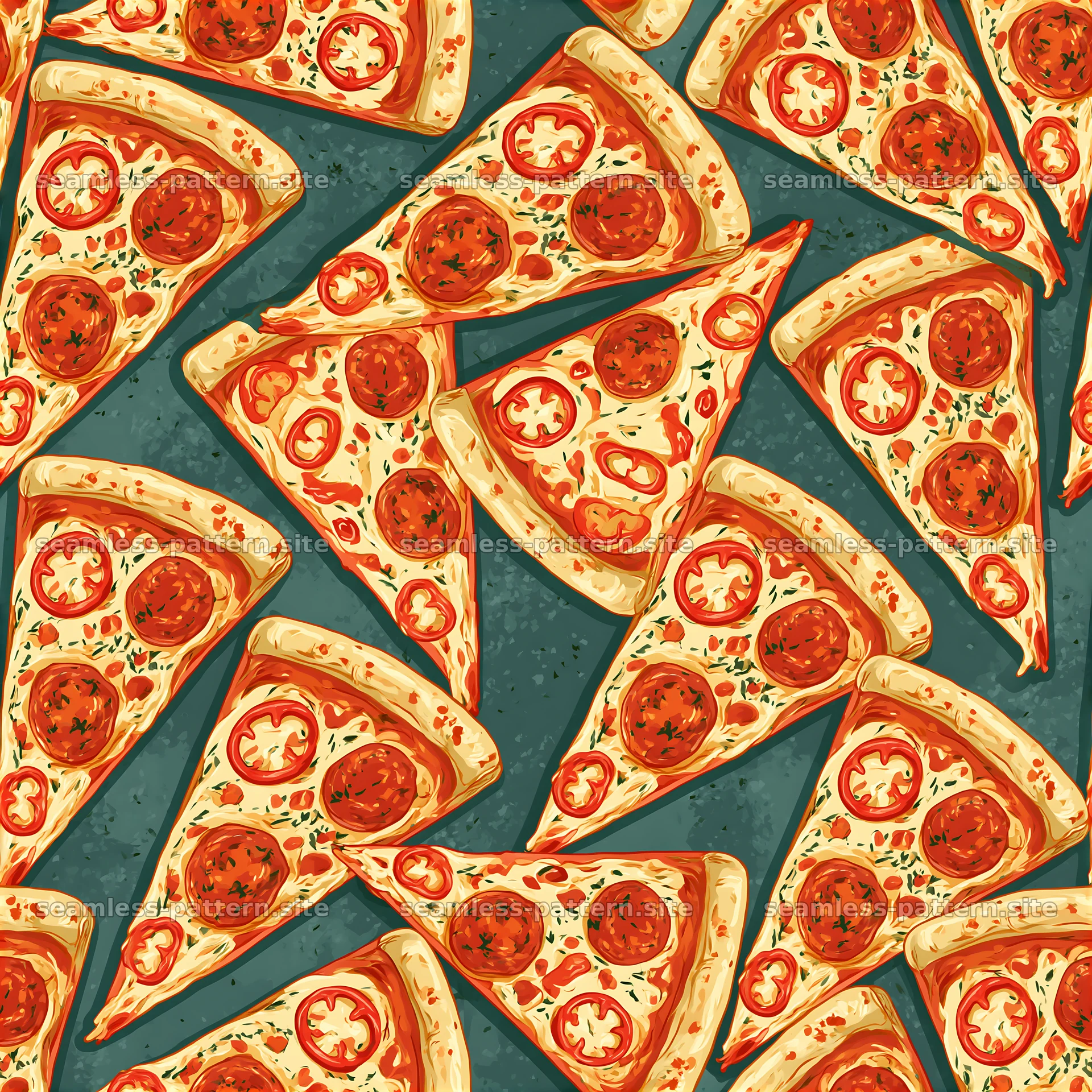 Seamless hot pizza pattern with slices on a green background — seamless tileable pattern at 8192x8192