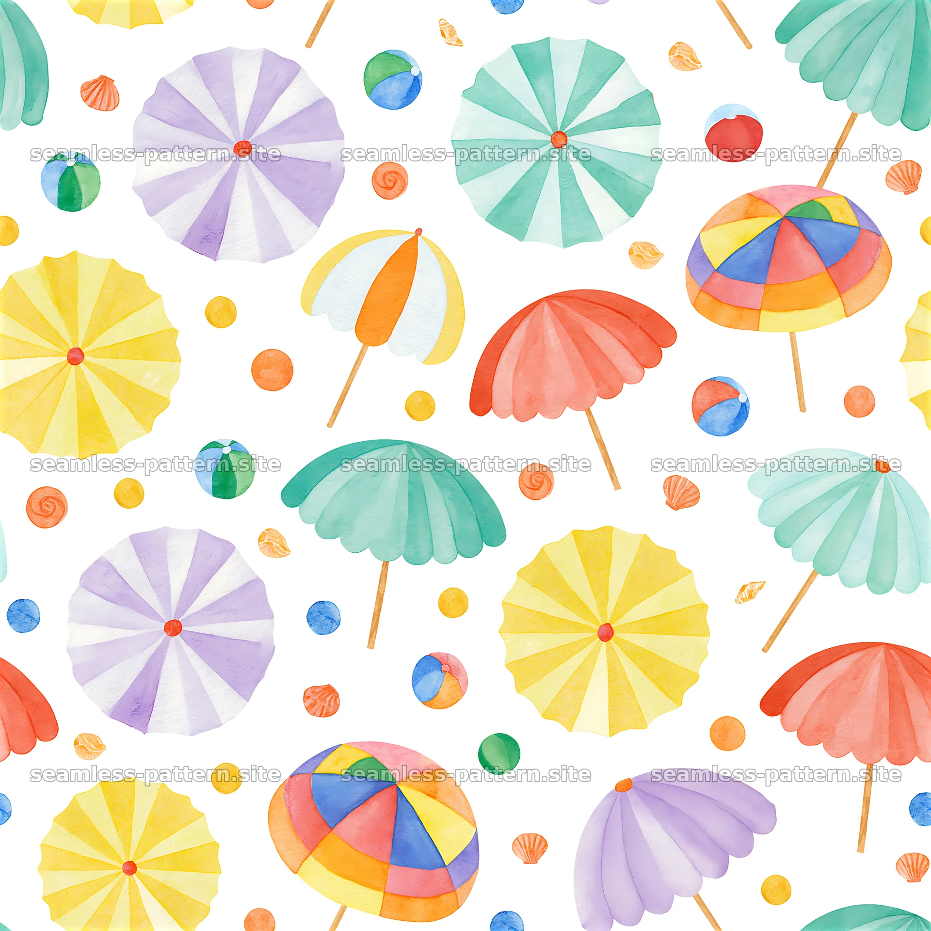 Colorful beach umbrellas tileable pattern with various shapes and — seamless tileable pattern at 8192x8192