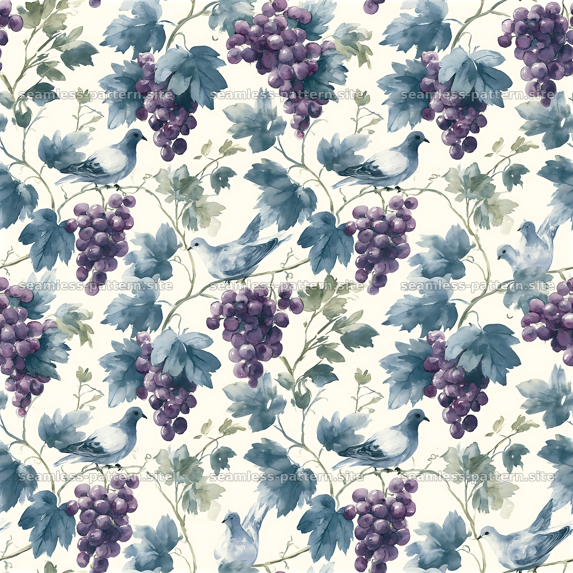 Watercolor Grape Vines and Dove Repeating Pattern — seamless tileable pattern at 8192x8192