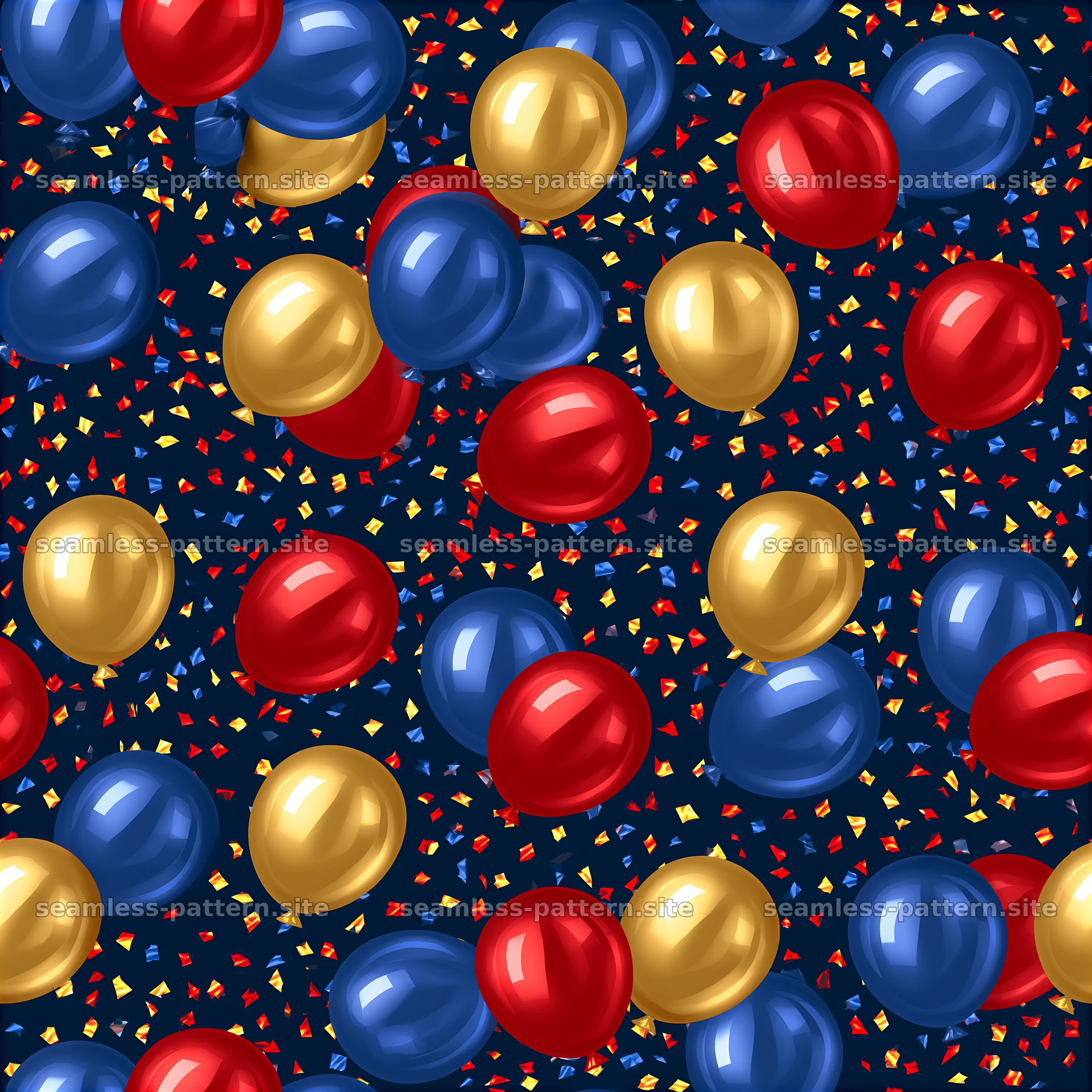 Seamless pattern of metallic balloons and confetti with vibrant colors — seamless tileable pattern at 8192x8192