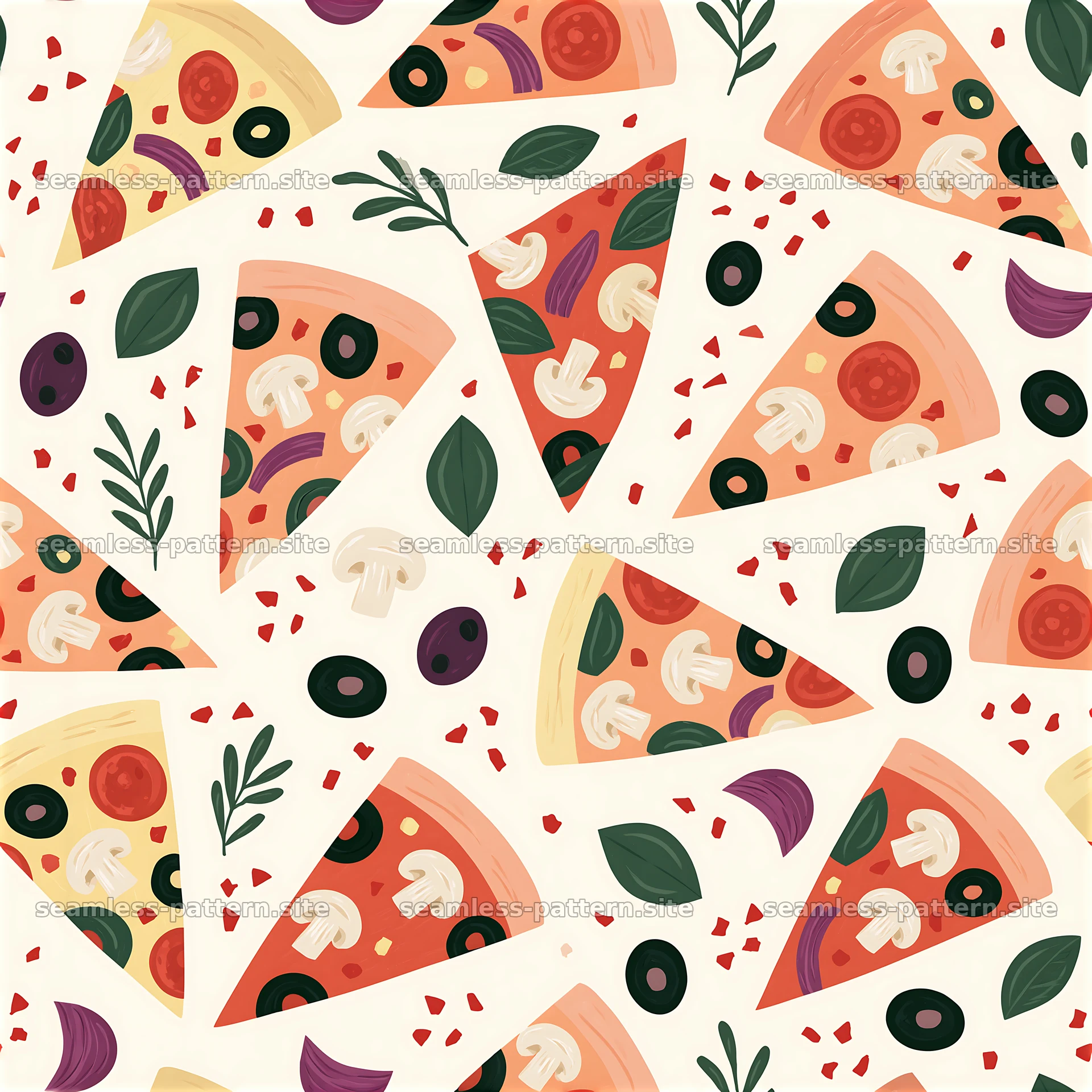 Colorful pizza slice seamless pattern with toppings — seamless tileable pattern at 8192x8192