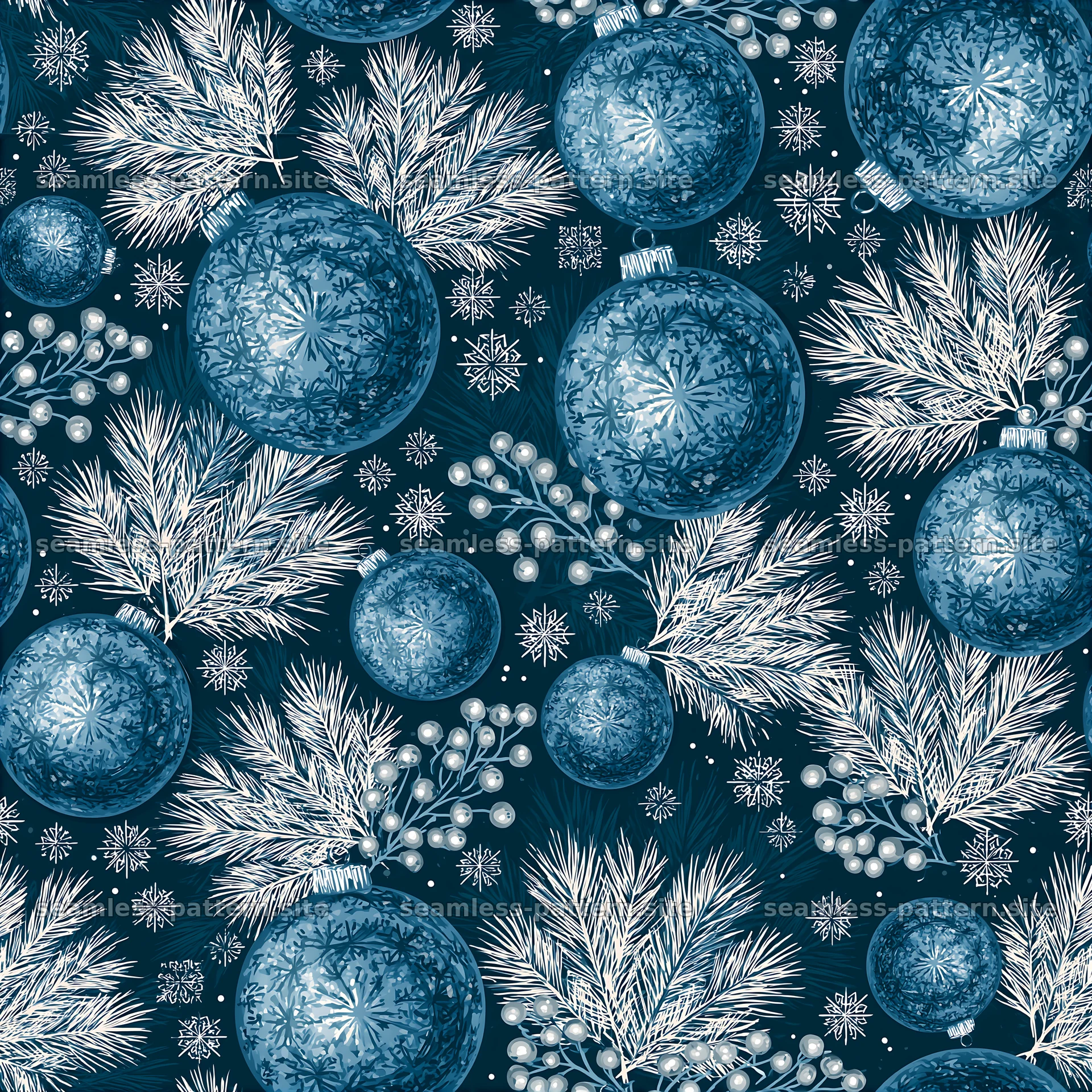 Festive blue ornament and pine needle seamless pattern — seamless tileable pattern at 8192x8192