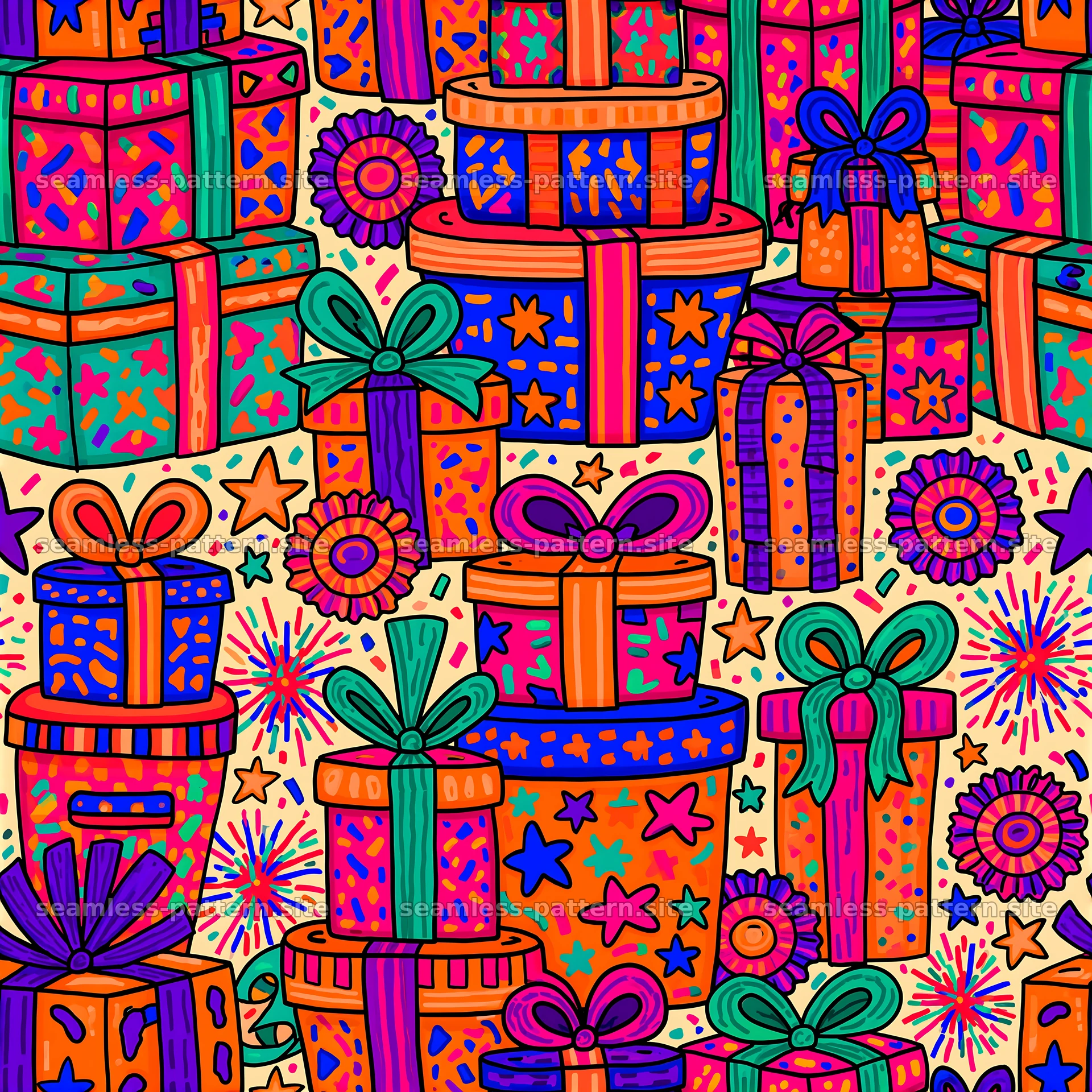 Colorful gift boxes pattern with bows and stars for design projects — seamless tileable pattern at 8192x8192