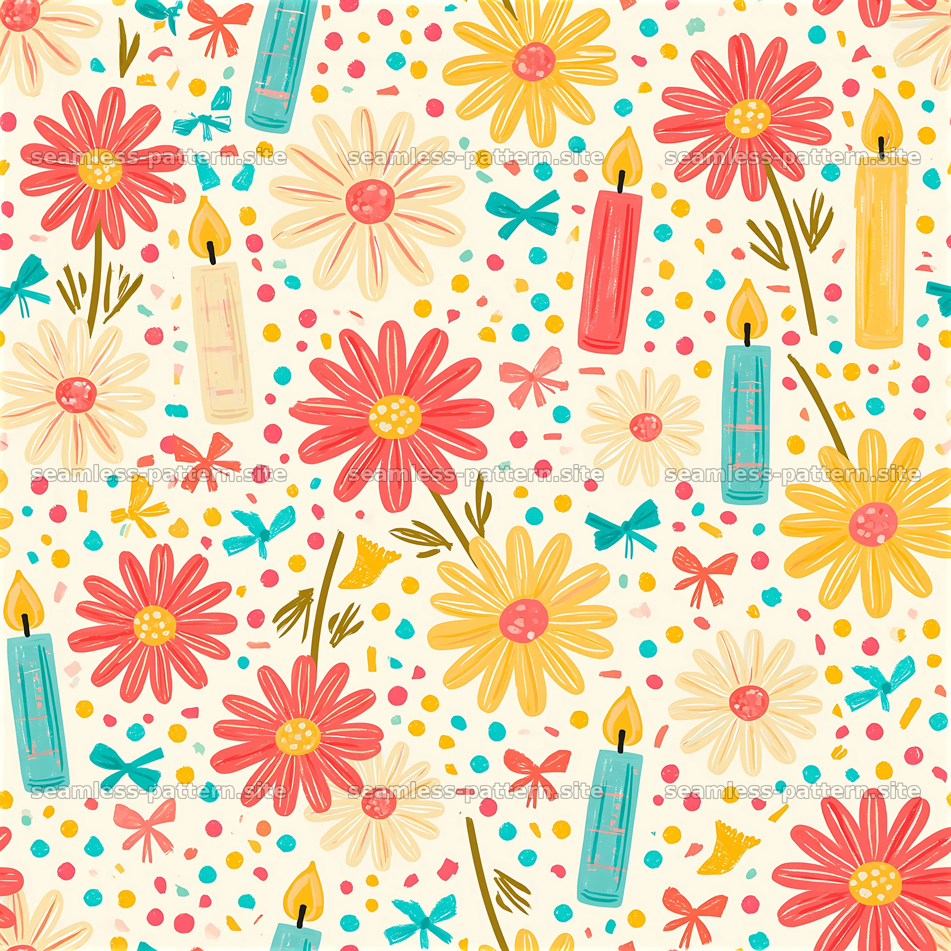 Birthday floral birthday seamless pattern with flowers and candles — seamless tileable pattern at 8192x8192