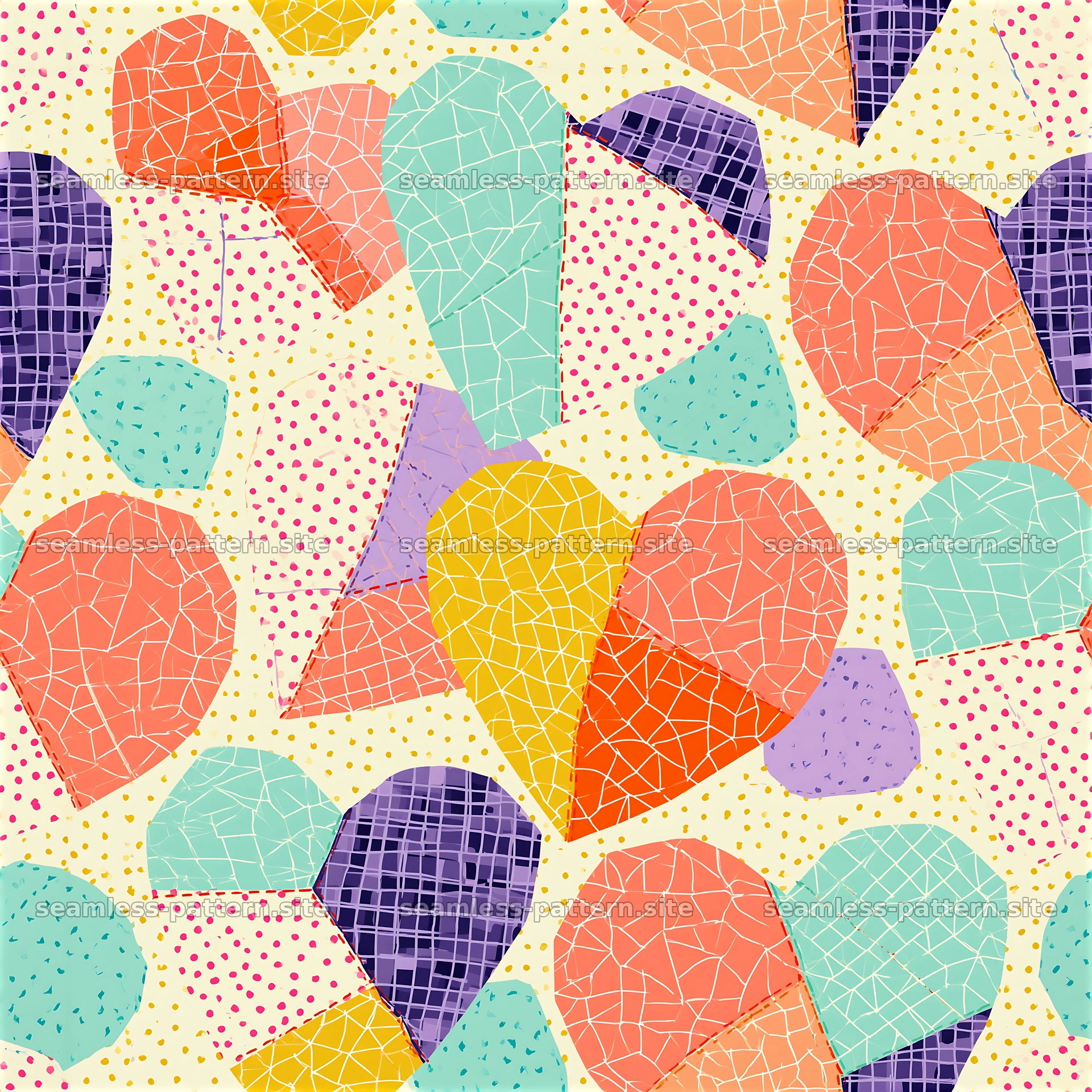 Colorful heart patchwork pattern for fabric and wallpaper design — seamless tileable pattern at 8192x8192