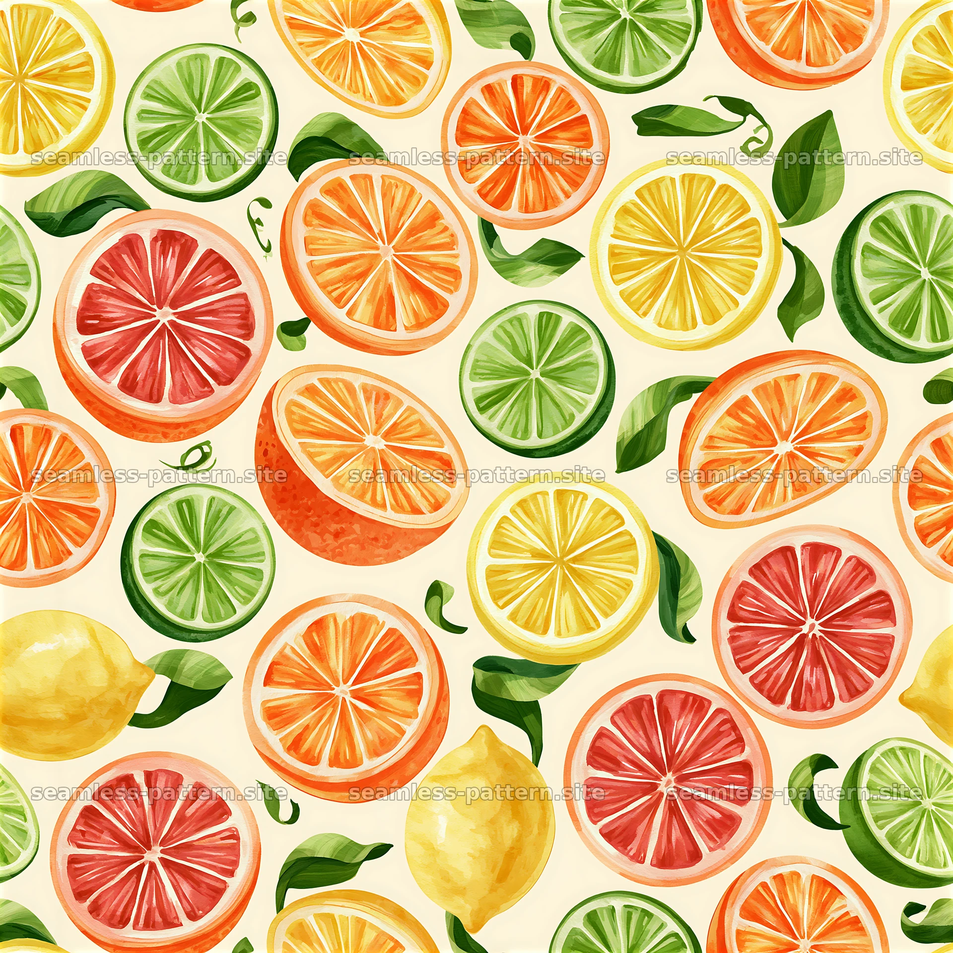 Colorful citrus seamless pattern with fruits and green leaves — seamless tileable pattern at 8192x8192