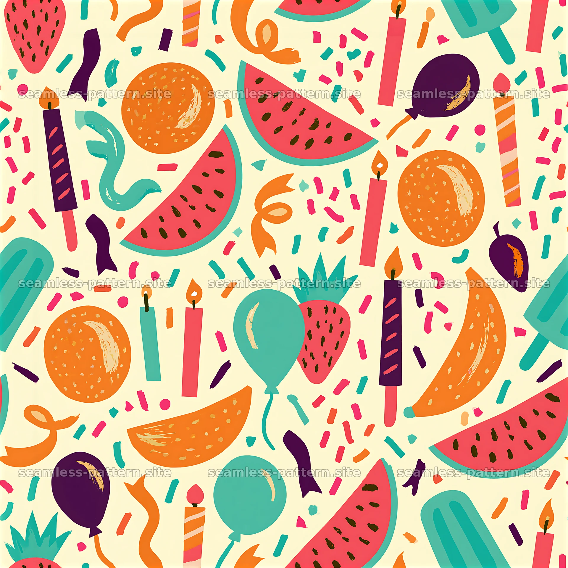 Colorful Birthday Party Seamless Pattern with Fruit and Candles — seamless tileable pattern at 8192x8192