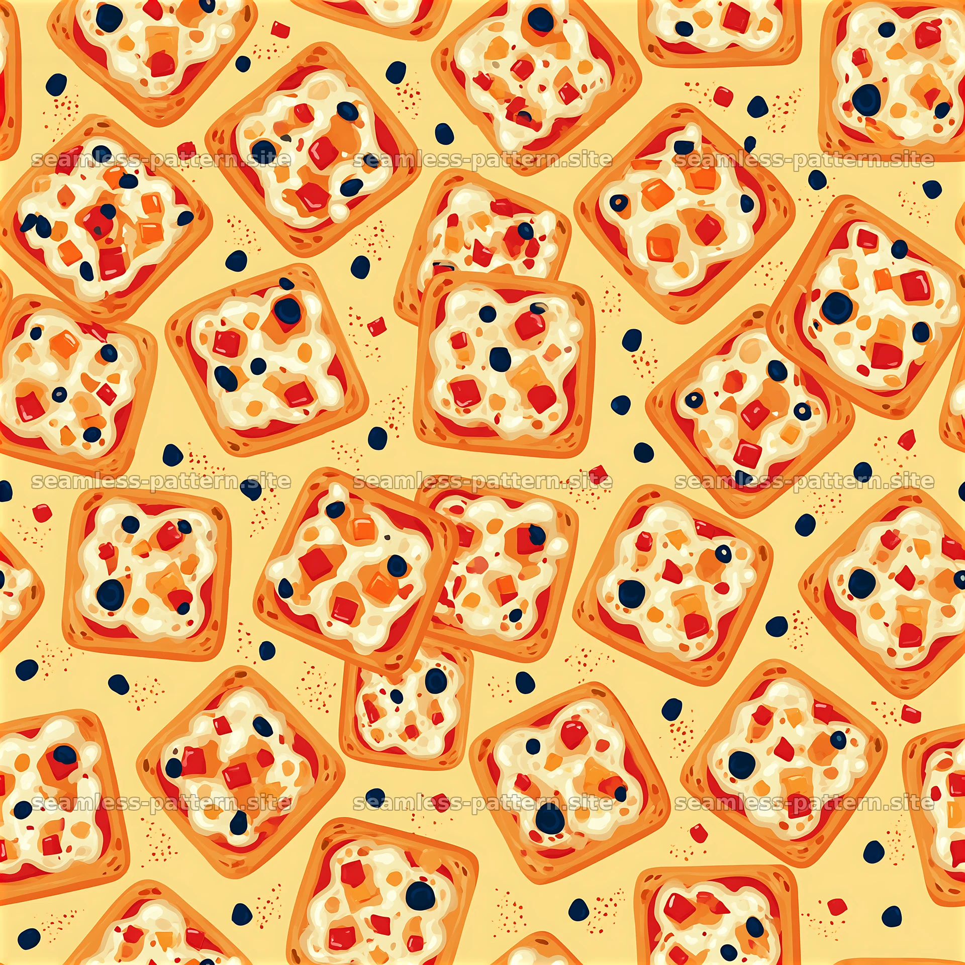 Colorful seamless pizza pattern with squares on a light background — seamless tileable pattern at 8192x8192