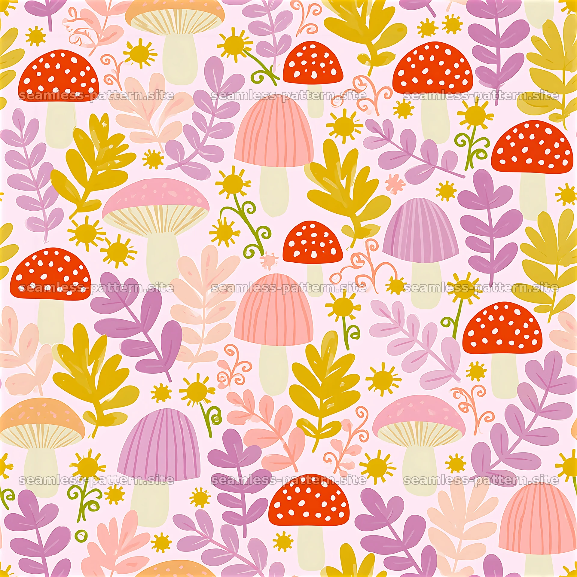 Colorful pattern with mushrooms and leaves on a light background — seamless tileable pattern at 8192x8192