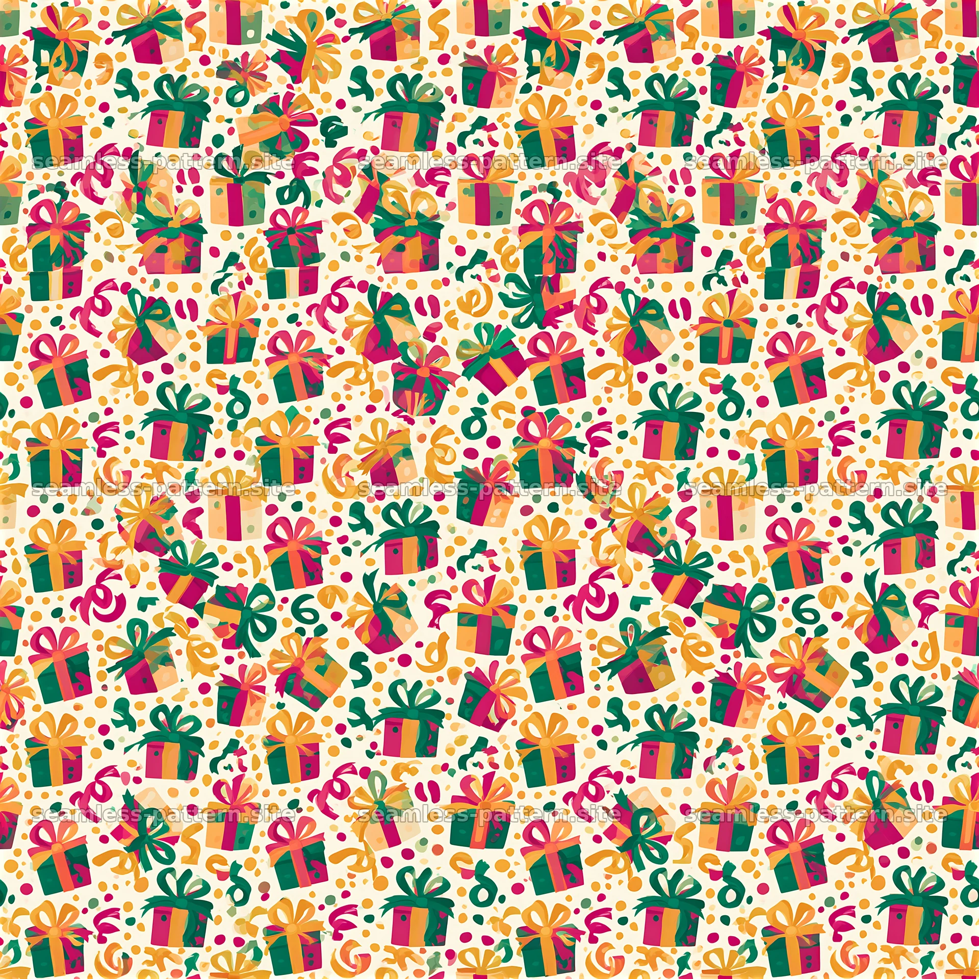 Birthday gift repeat pattern with colorful presents and bows — seamless tileable pattern at 8192x8192
