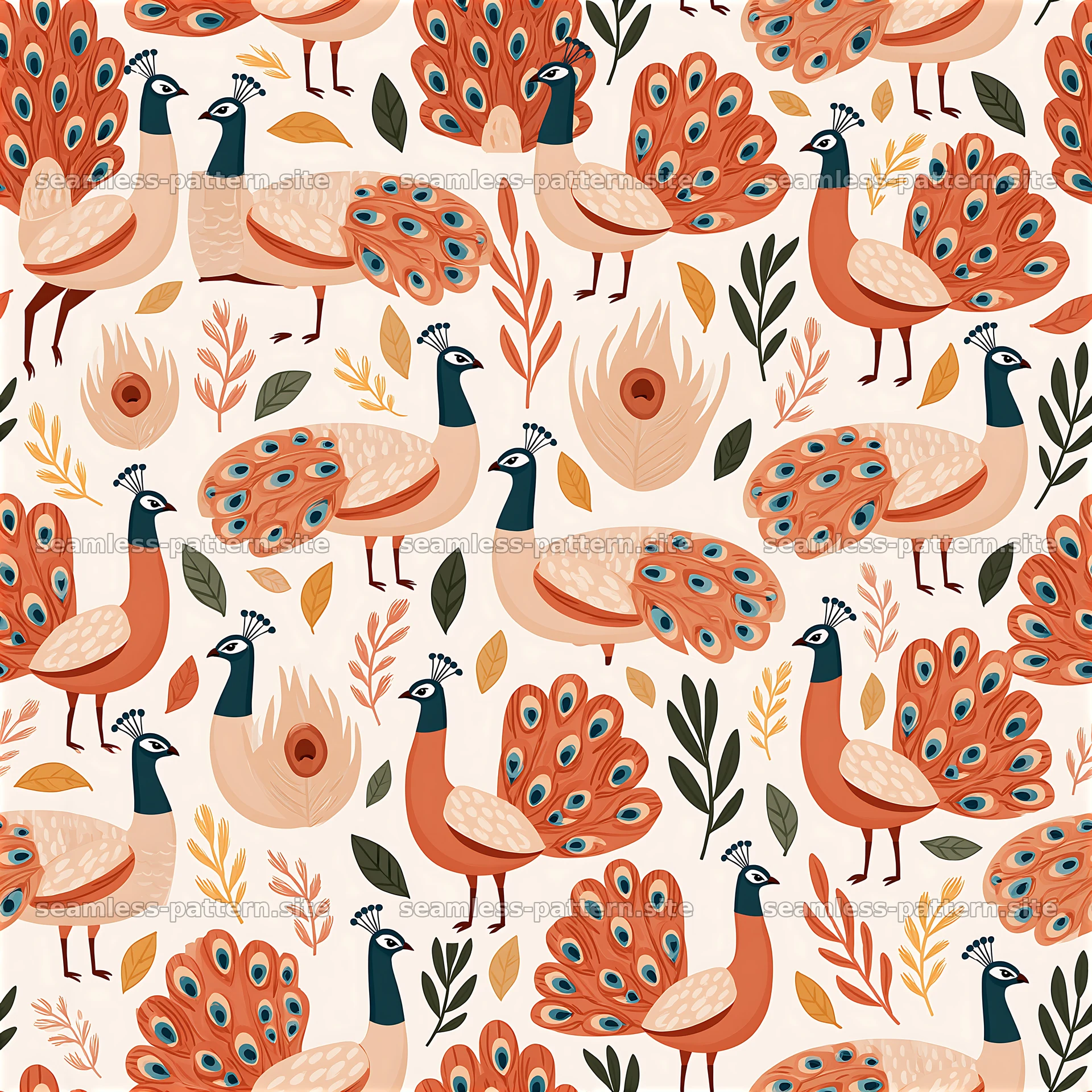 Colorful peacock design with leaves in an organized repeat pattern — seamless tileable pattern at 8192x8192