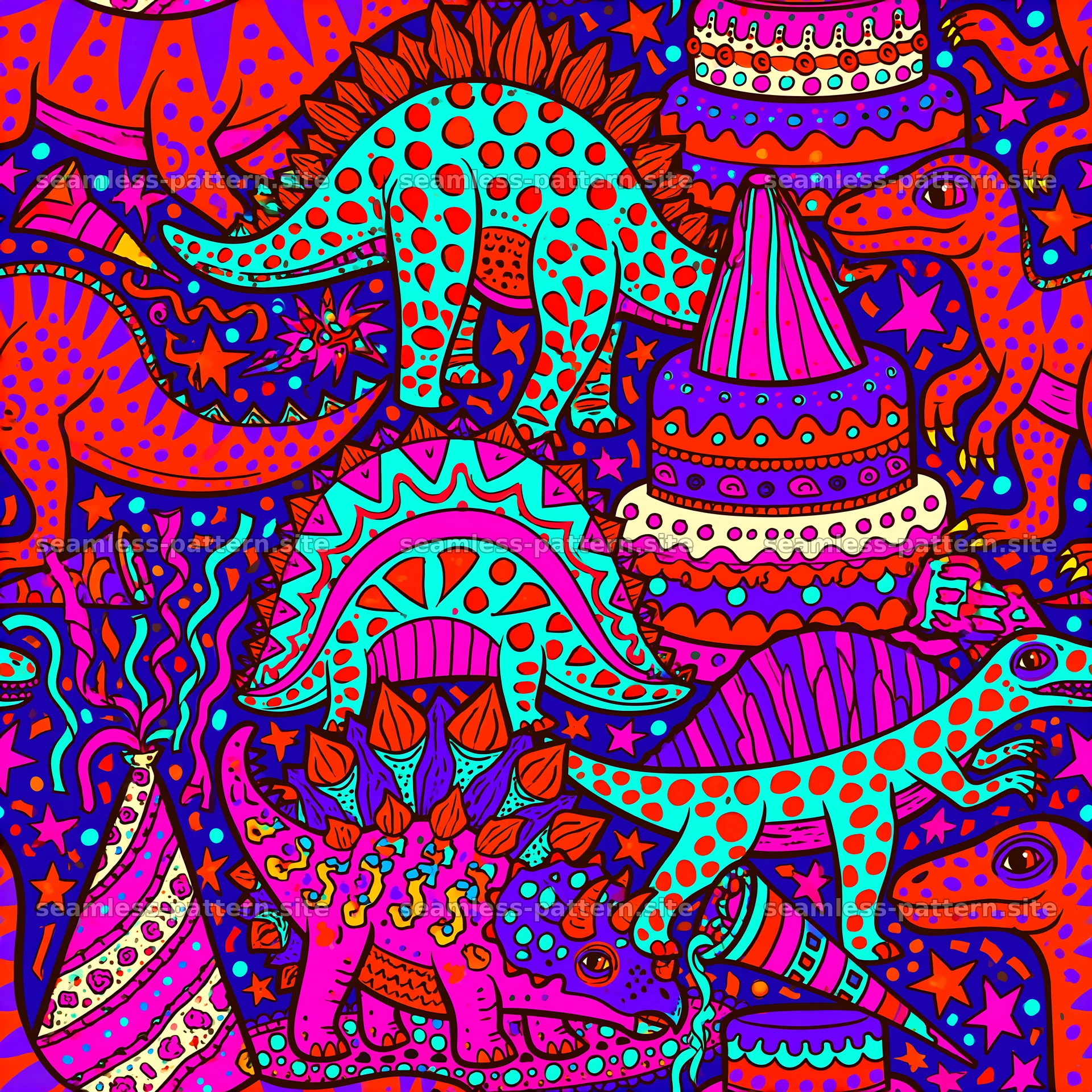 Colorful dinosaurs and party hats seamless pattern — seamless tileable pattern at 8192x8192