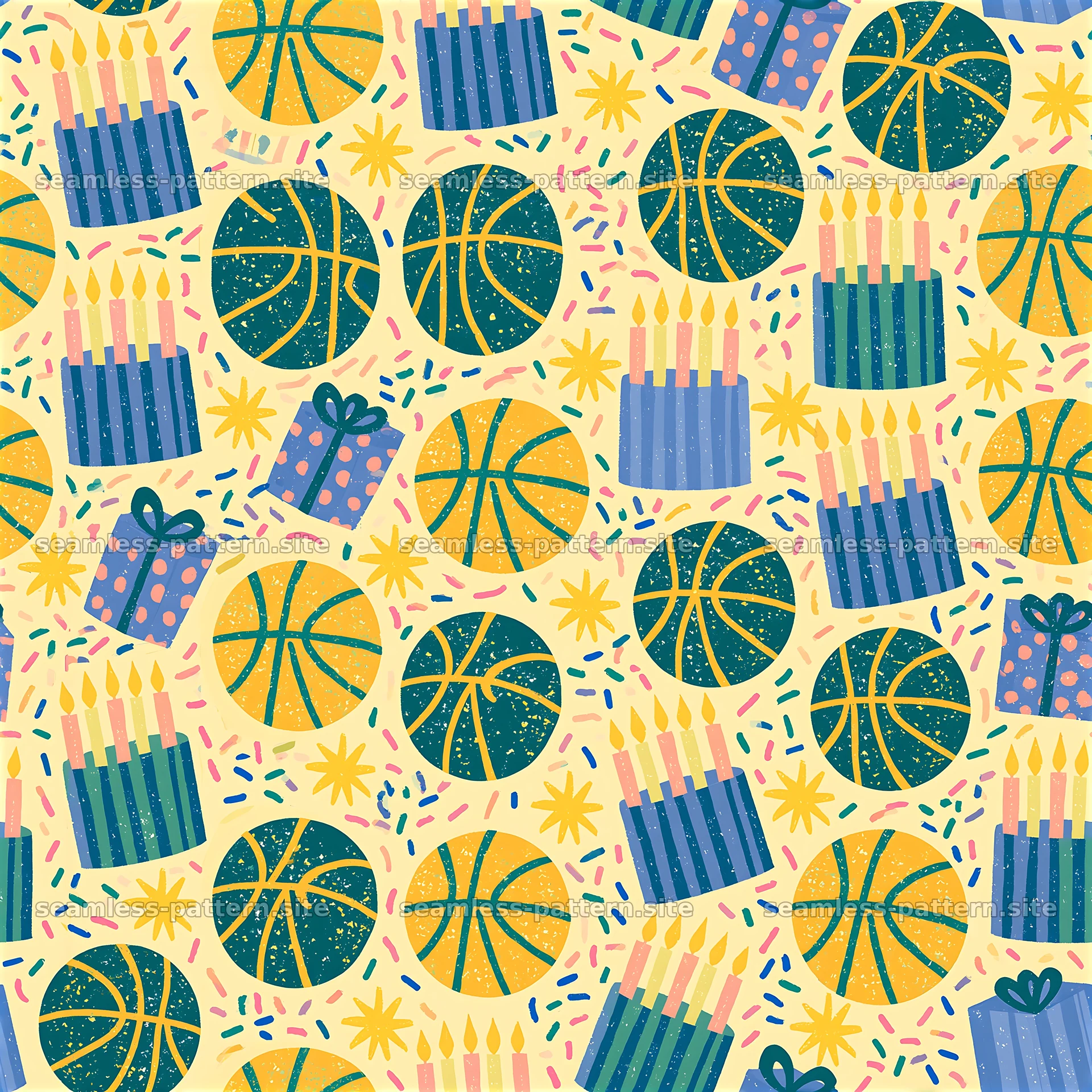 Colorful seamless pattern with birthday objects and basketballs — seamless tileable pattern at 8192x8192