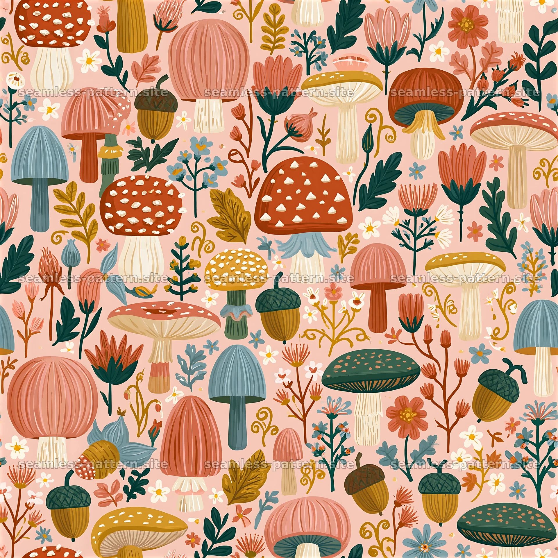 Colorful folk art seamless pattern with mushrooms and flowers — seamless tileable pattern at 8192x8192